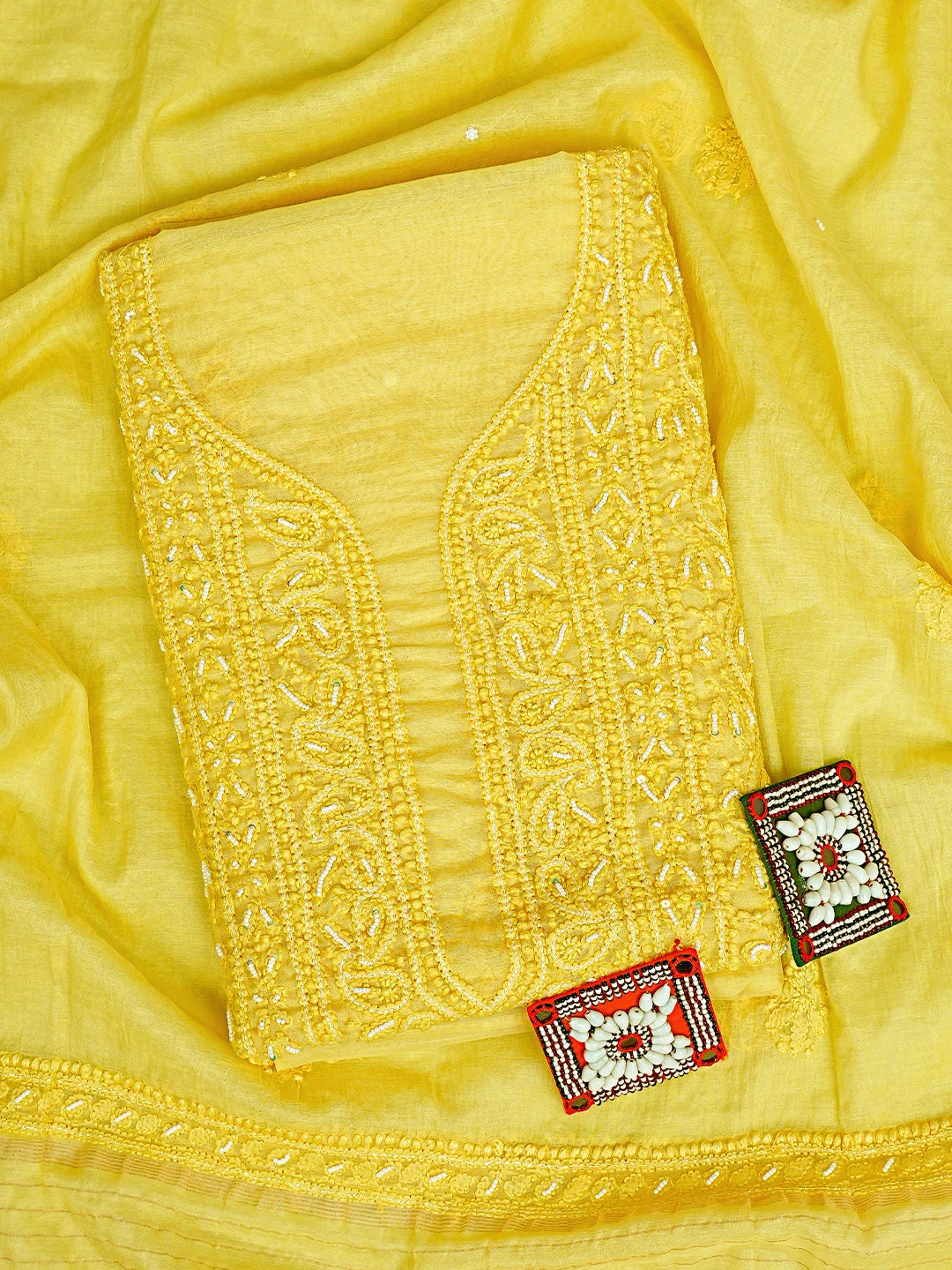 Ada Hand Embroidered Sunbeam Yellow Chanderi Lucknowi Chikankari Unstitched Kurta Dupatta Set With Cutdana Work 01A850075