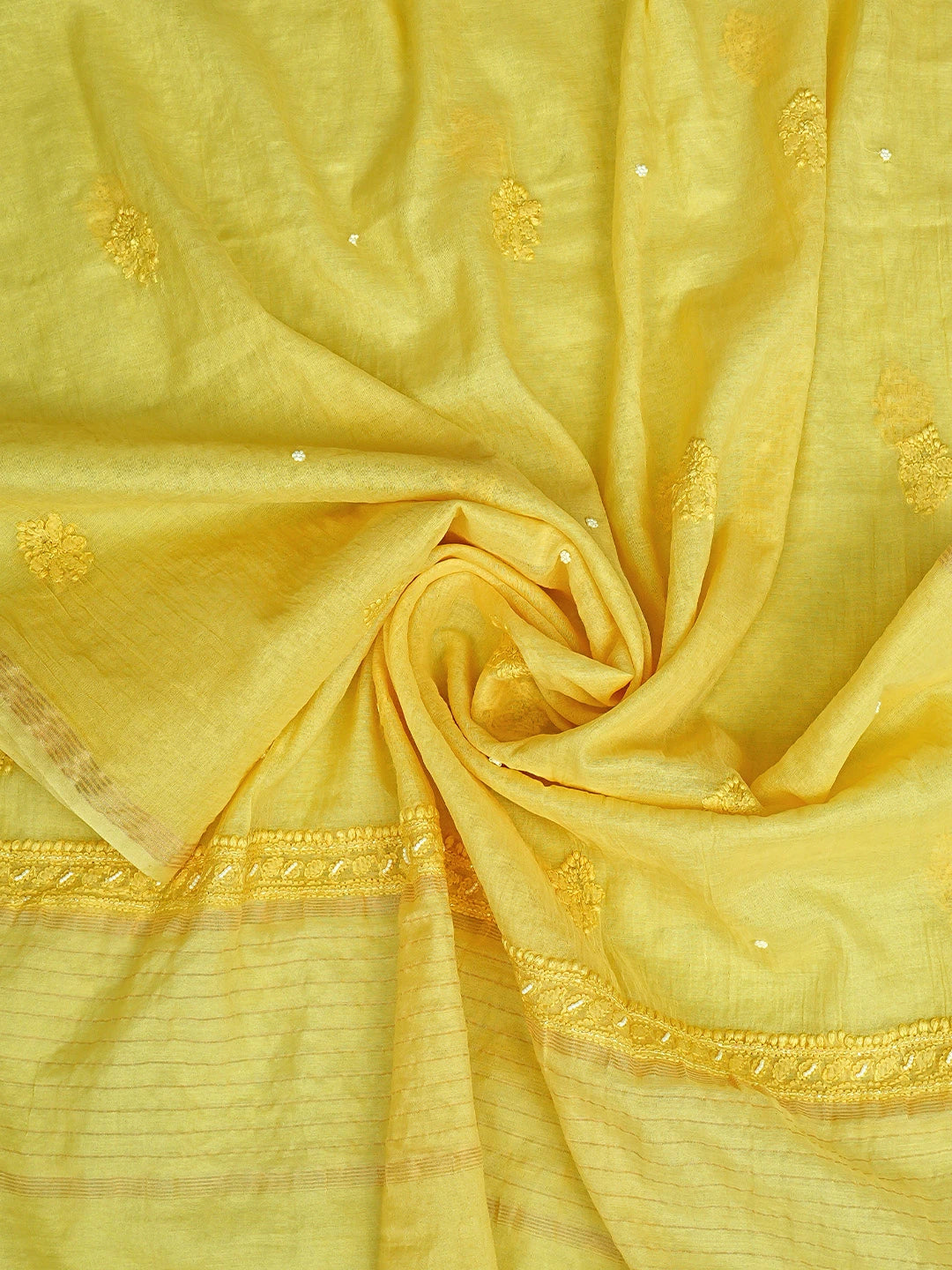 Ada Hand Embroidered Sunbeam Yellow Chanderi Lucknowi Chikankari Unstitched Kurta Dupatta Set With Cutdana Work 01A850075