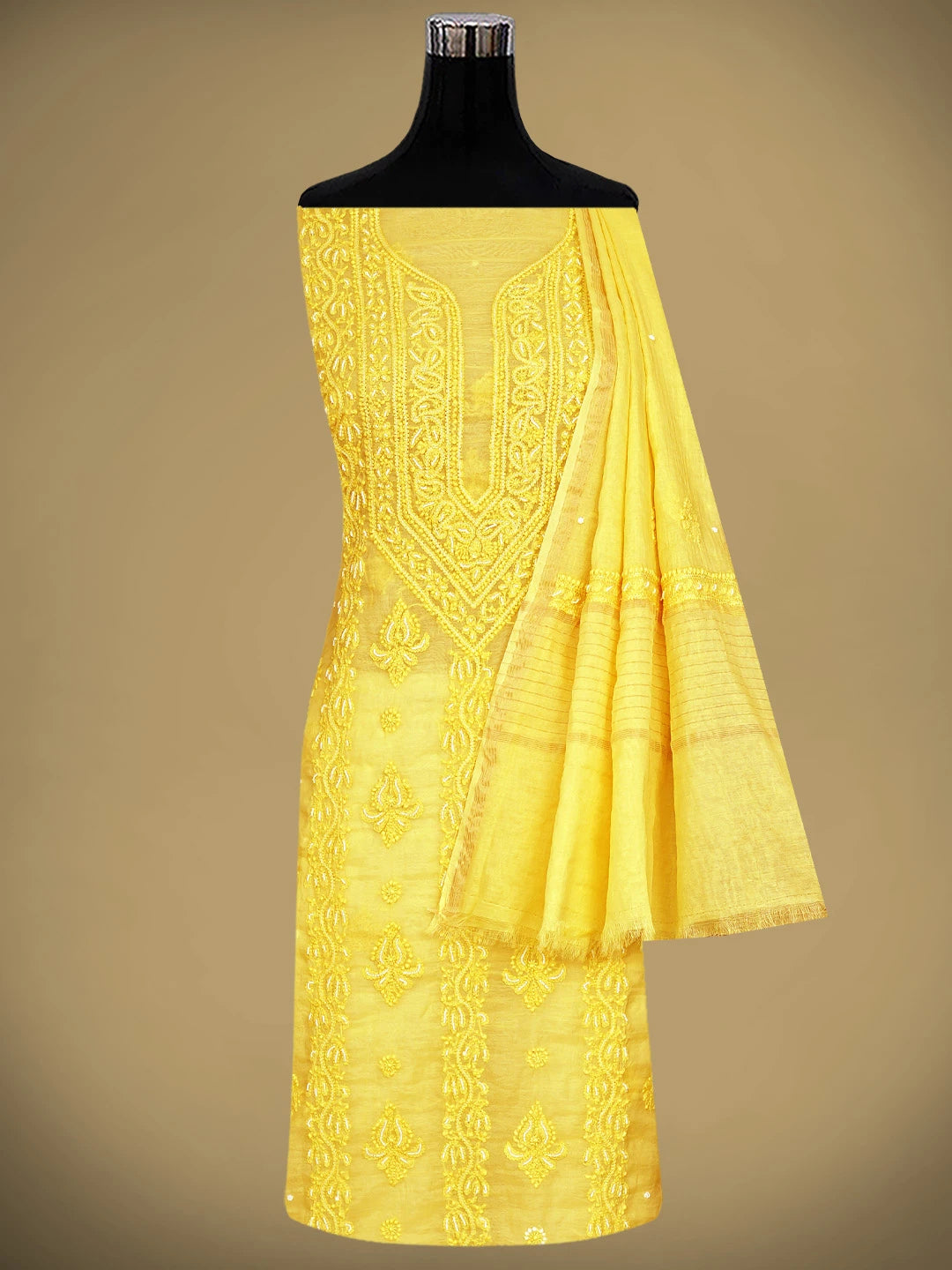 Ada Hand Embroidered Sunbeam Yellow Chanderi Lucknowi Chikankari Unstitched Kurta Dupatta Set With Cutdana Work 01A850075