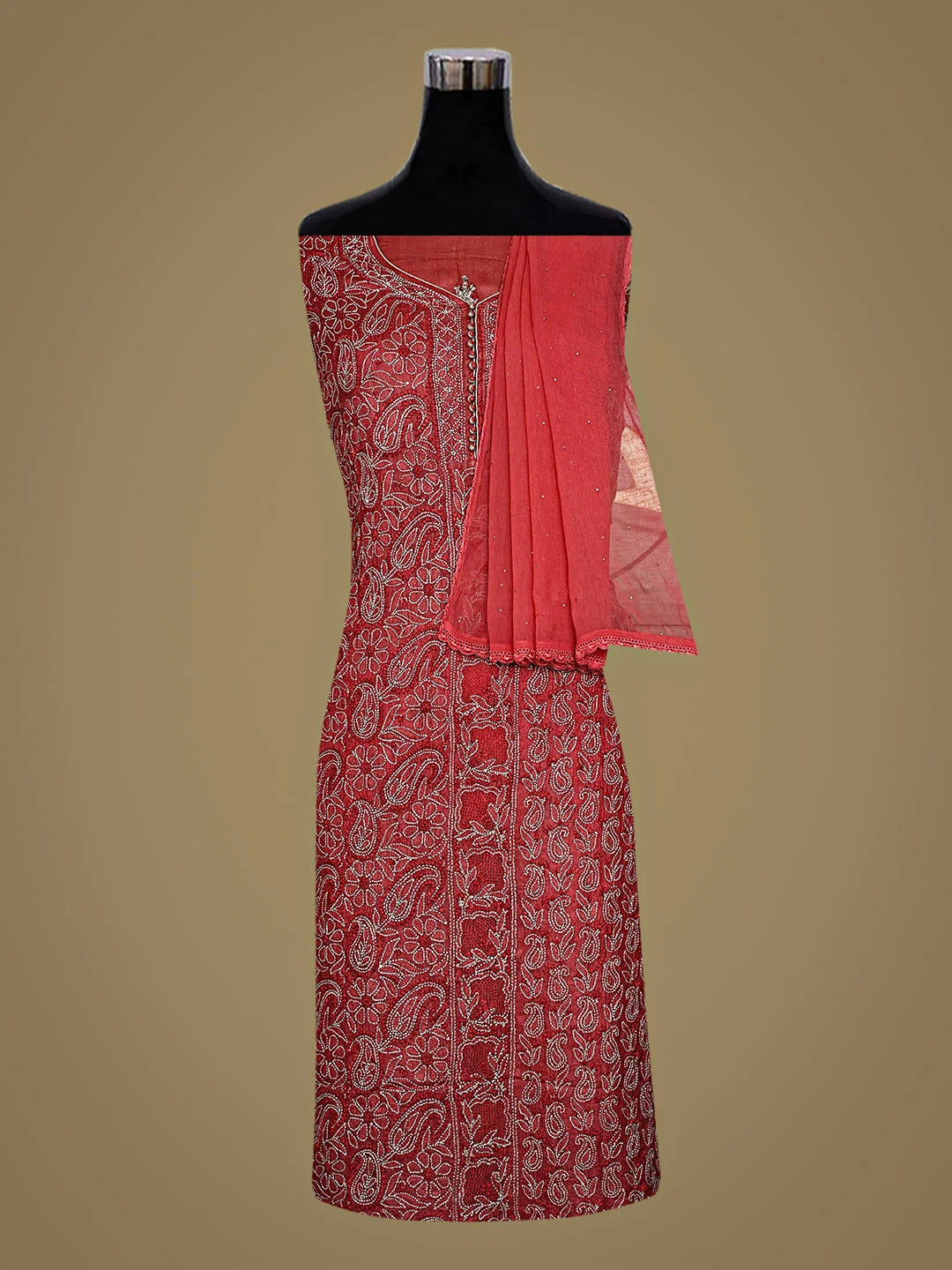 Ada Hand Embroidered Rust Silk Lucknowi Chikankari Unstitched Suit Piece with Chiffon Dupatta 01A913100