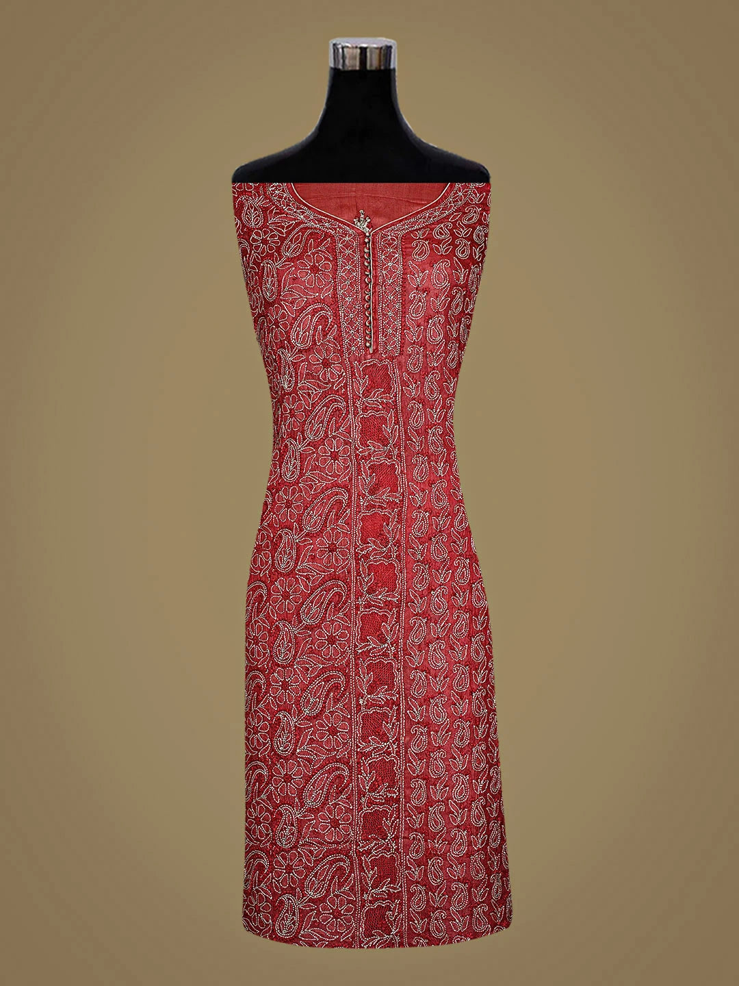 Ada Hand Embroidered Rust Silk Lucknowi Chikankari Unstitched Suit Piece with Chiffon Dupatta 01A913100