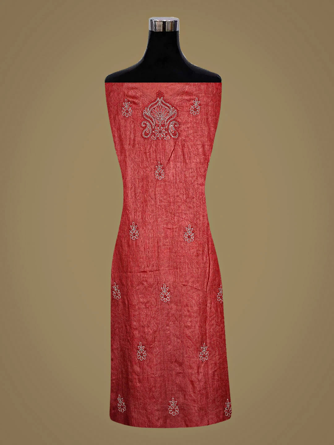 Ada Hand Embroidered Rust Silk Lucknowi Chikankari Unstitched Suit Piece with Chiffon Dupatta 01A913100