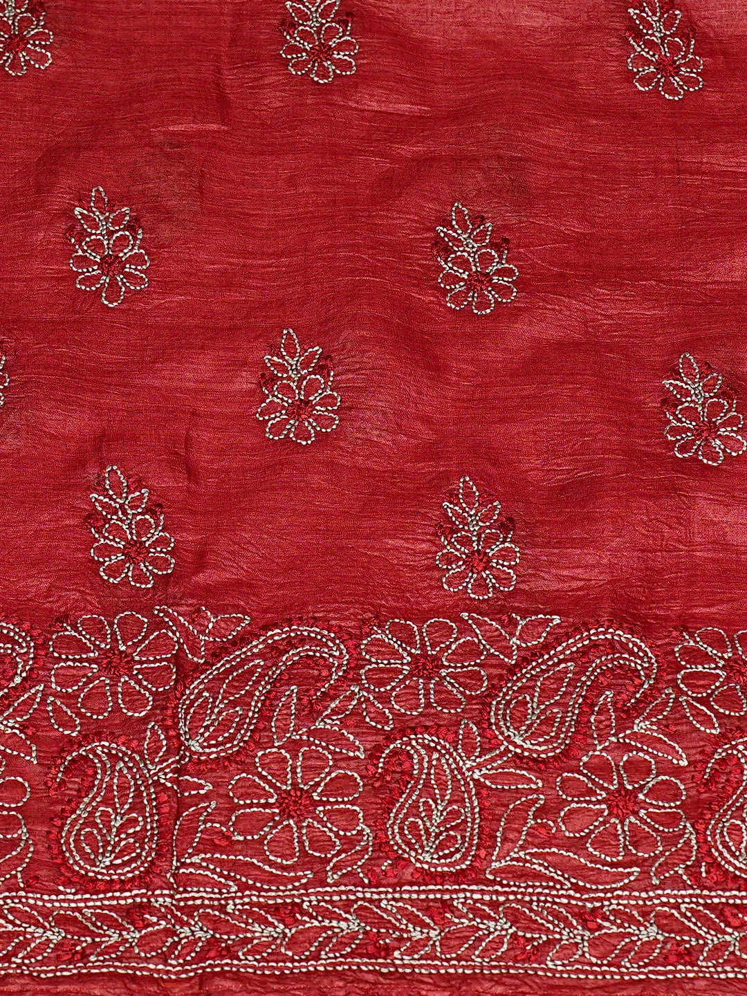 Ada Hand Embroidered Rust Silk Lucknowi Chikankari Unstitched Suit Piece with Chiffon Dupatta 01A913100