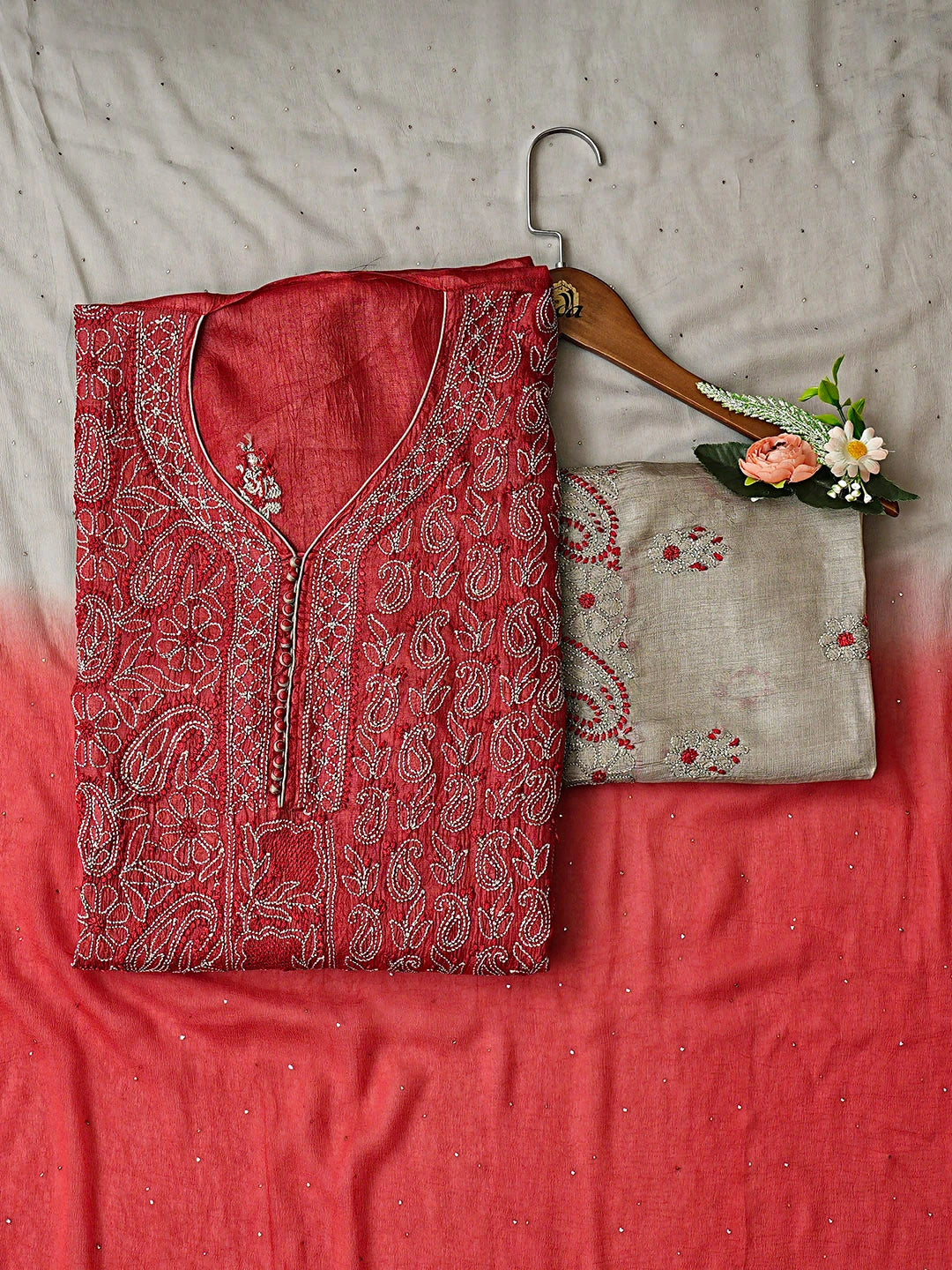 Ada Hand Embroidered Rust Silk Lucknowi Chikankari Unstitched Suit Piece with Chiffon Dupatta 01A913100