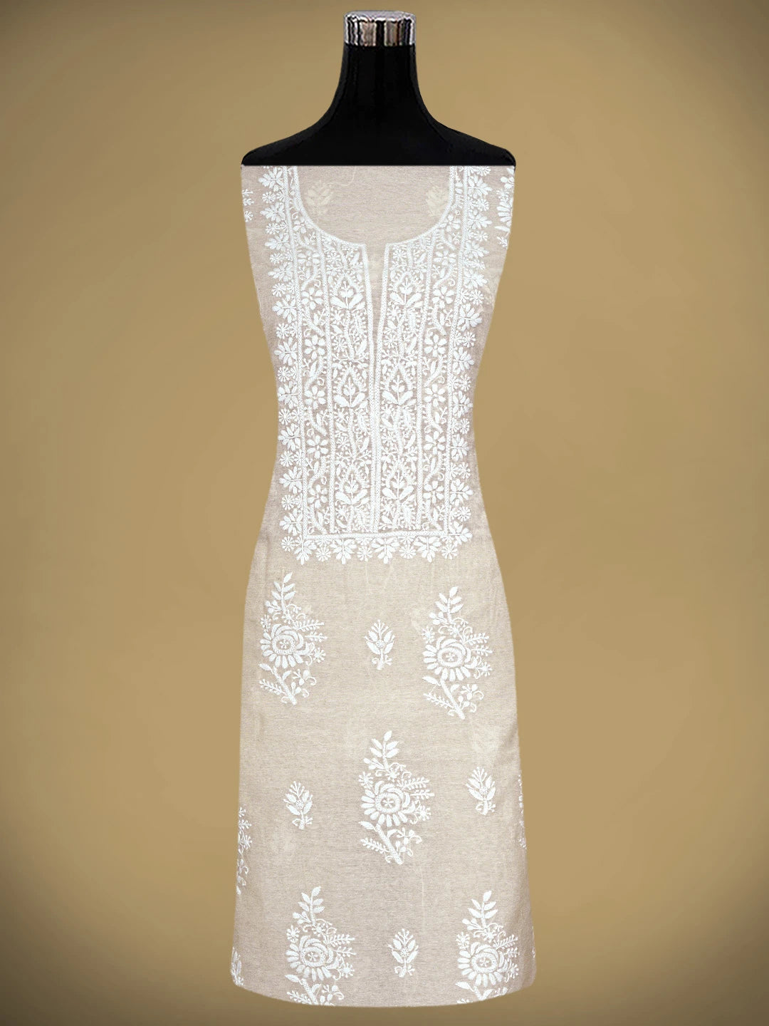 Ada Hand Embroidered Fawn Chanderi Lucknowi Chikankari Unstitched Kurta Dupatta Set 01A913843