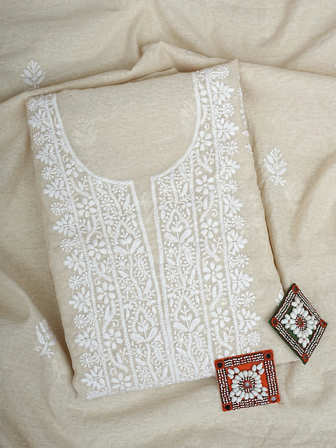 Ada Hand Embroidered Fawn Chanderi Lucknowi Chikankari Unstitched Kurta Dupatta Set 01A913843