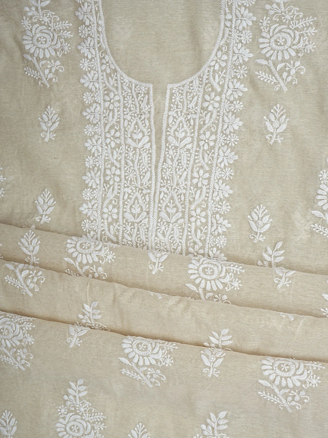 Ada Hand Embroidered Fawn Chanderi Lucknowi Chikankari Unstitched Kurta Dupatta Set 01A913843