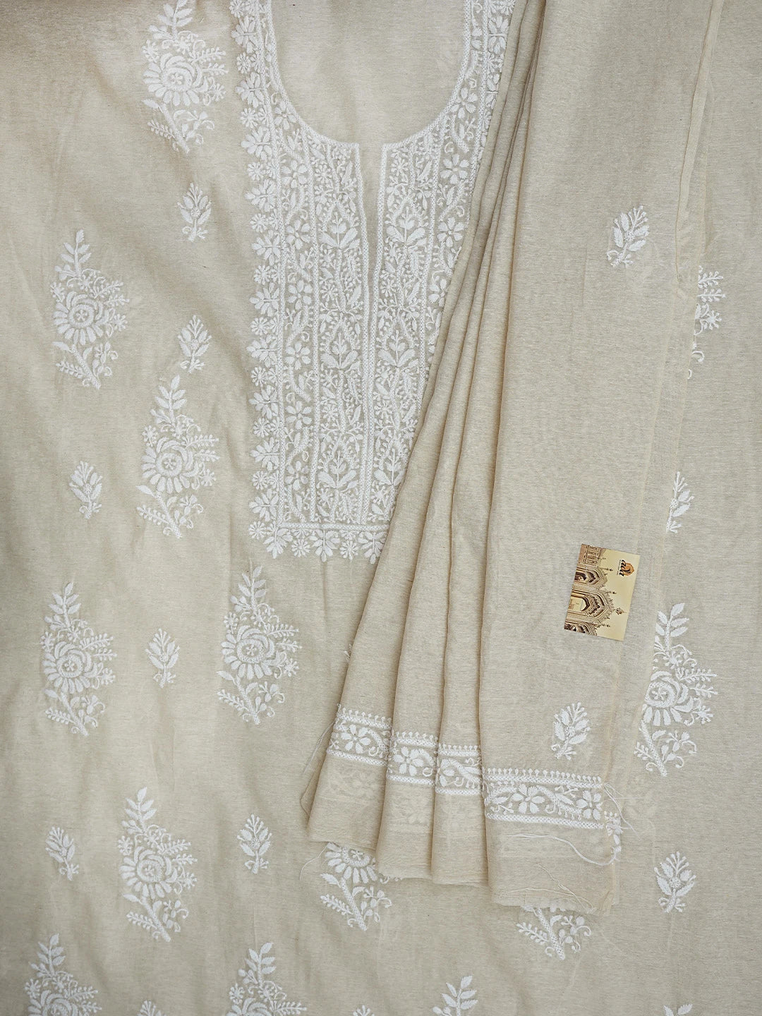 Ada Hand Embroidered Fawn Chanderi Lucknowi Chikankari Unstitched Kurta Dupatta Set 01A913843