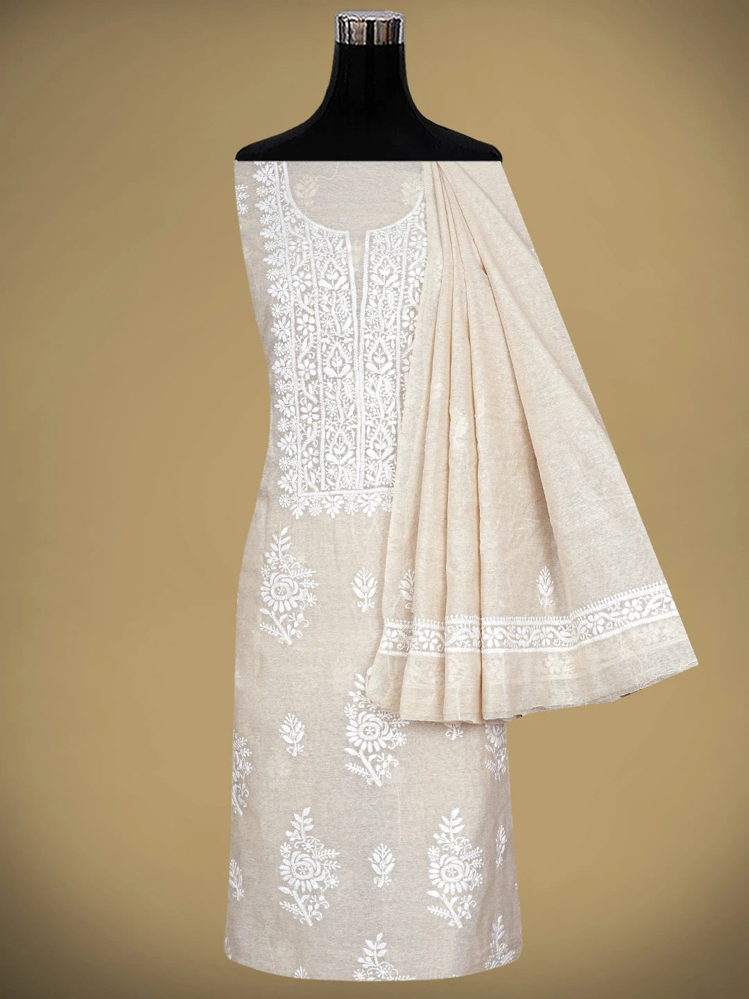 Ada Hand Embroidered Fawn Chanderi Lucknowi Chikankari Unstitched Kurta Dupatta Set 01A913843
