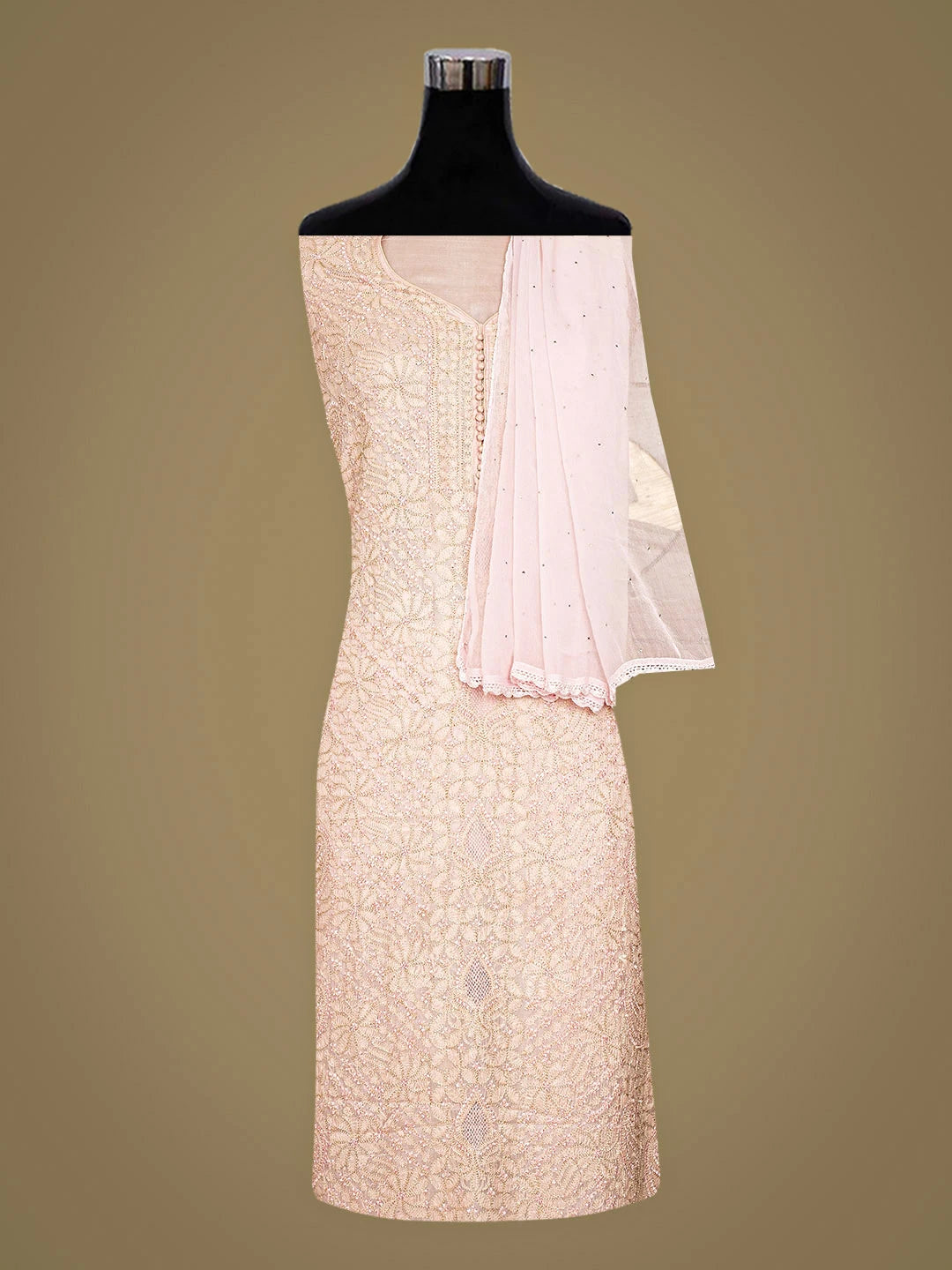 Ada Hand Embroidered Peach Silk Lucknowi Chikankari Unstitched Suit Piece with Chiffon Dupatta 01A913106