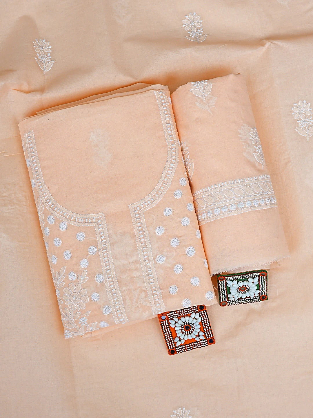 Ada Hand Embroidered Peach Cotton Lucknowi Chikankari Unstitched Suit Piece 01A914827