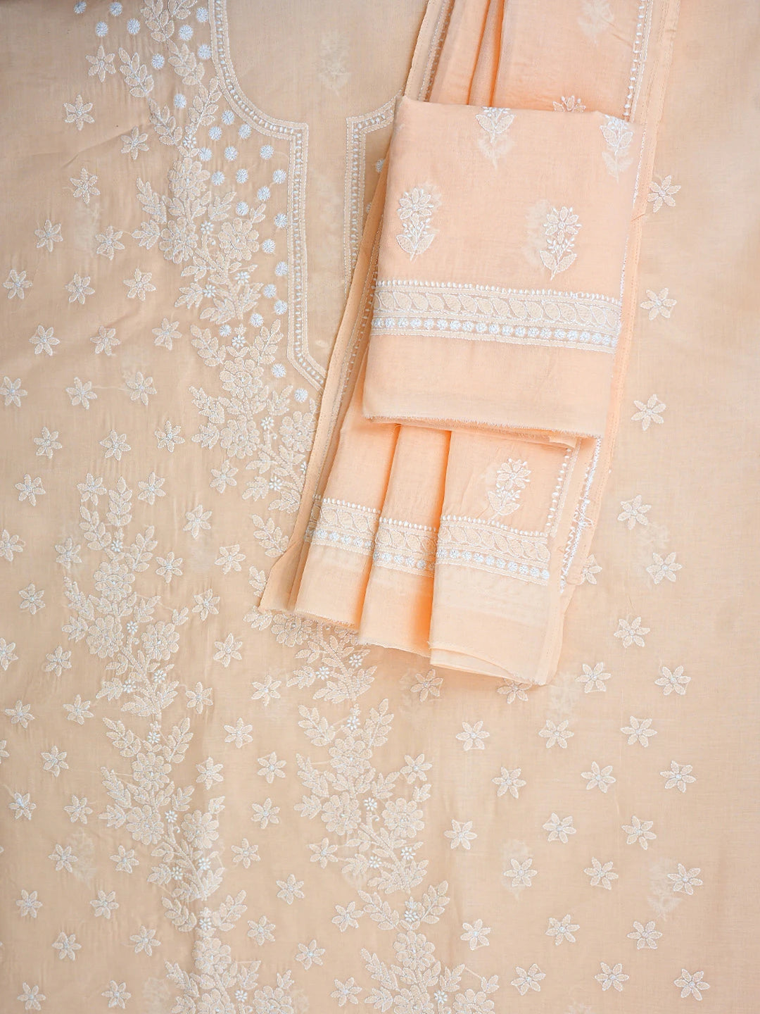 Ada Hand Embroidered Peach Cotton Lucknowi Chikankari Unstitched Suit Piece 01A914827