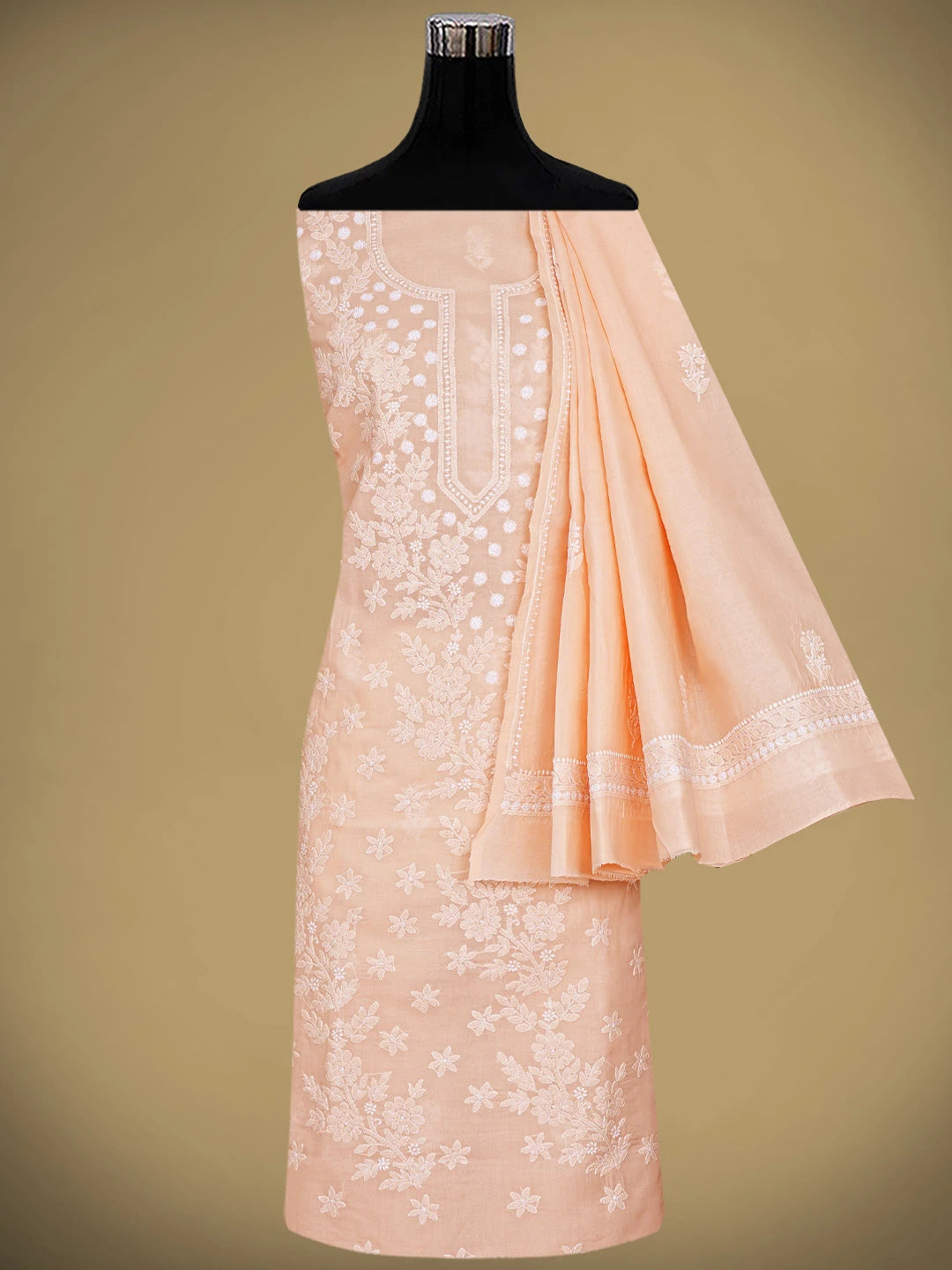 Ada Hand Embroidered Peach Cotton Lucknowi Chikankari Unstitched Suit Piece 01A914827