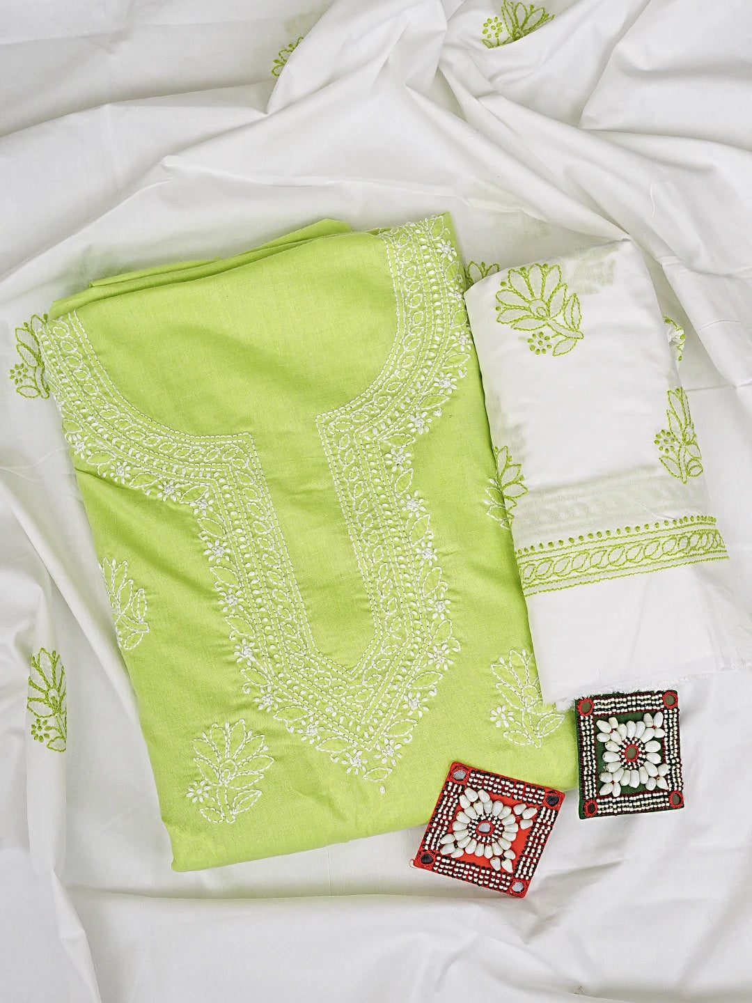 Ada Hand Embroidered Lime Green Cotton Lucknowi Chikankari Unstitched Suit Piece 01A914770