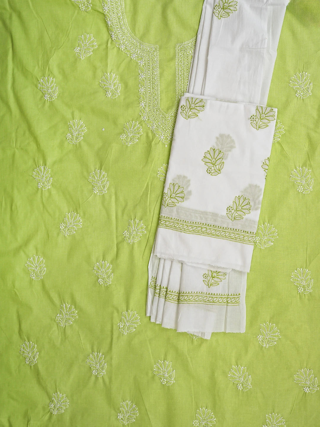 Ada Hand Embroidered Lime Green Cotton Lucknowi Chikankari Unstitched Suit Piece 01A914770