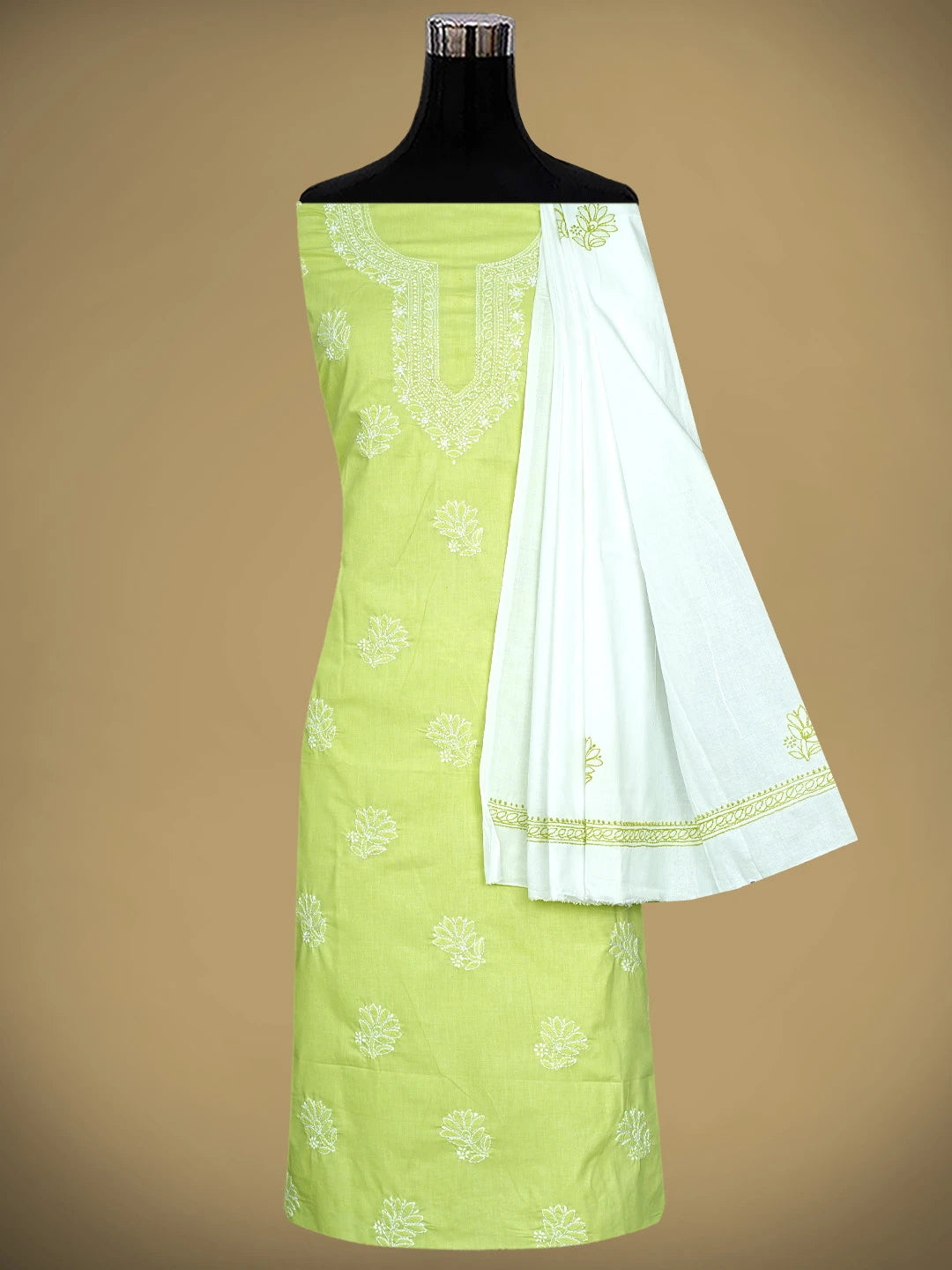 Ada Hand Embroidered Lime Green Cotton Lucknowi Chikankari Unstitched Suit Piece 01A914770