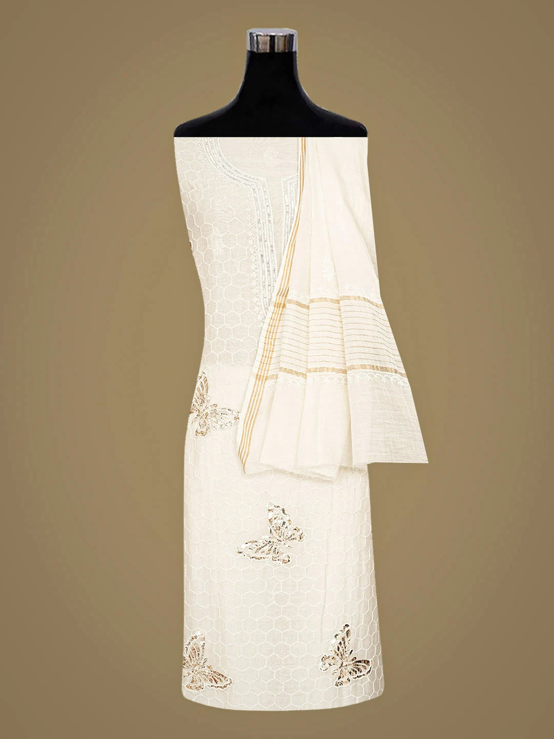Ada Hand Embroidered White Chanderi Lucknowi Chikankari Unstitched Kurta Dupatta Set With Muqaish 01A826565