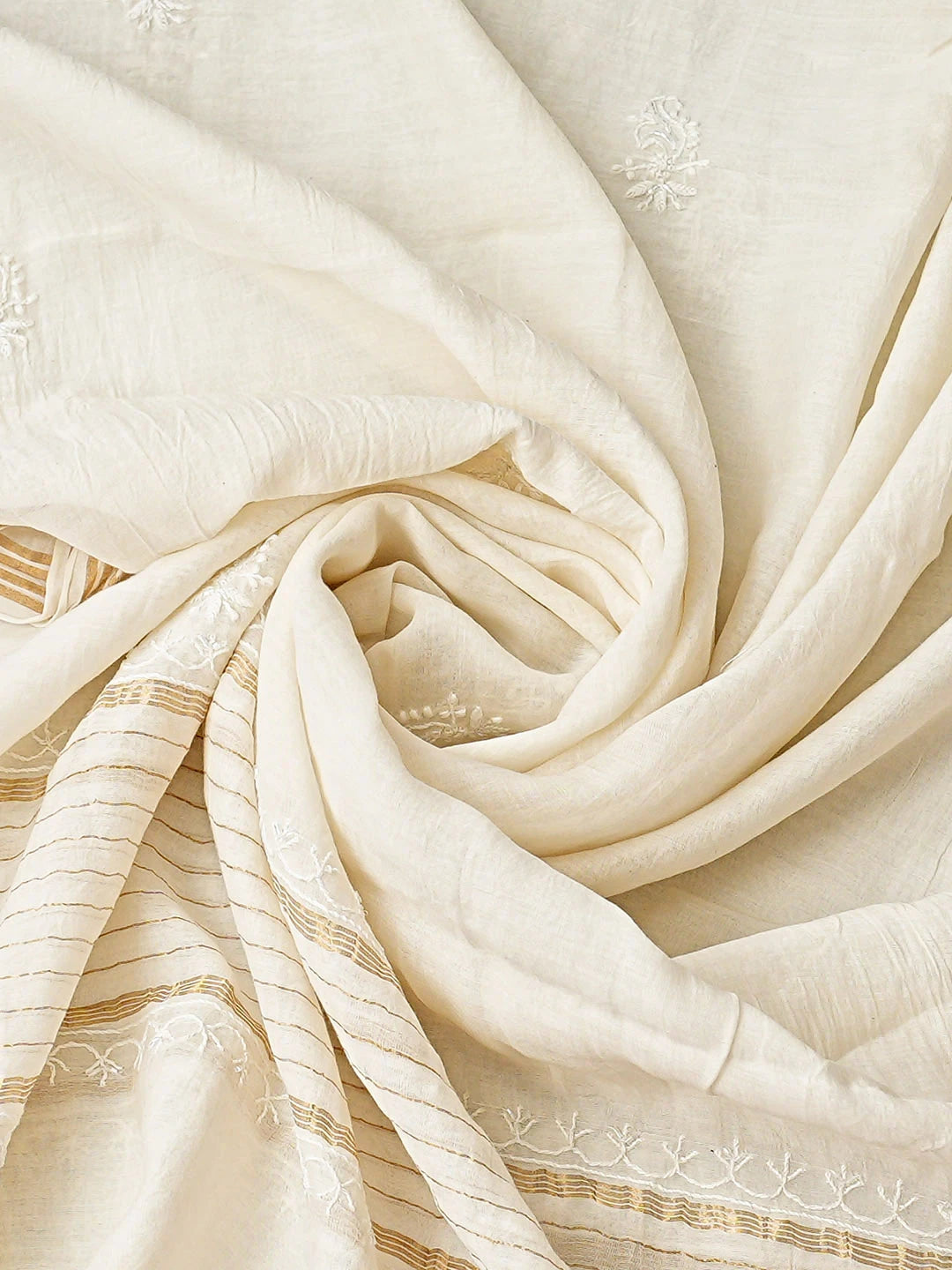 Ada Hand Embroidered White Chanderi Lucknowi Chikankari Unstitched Kurta Dupatta Set With Muqaish 01A826565