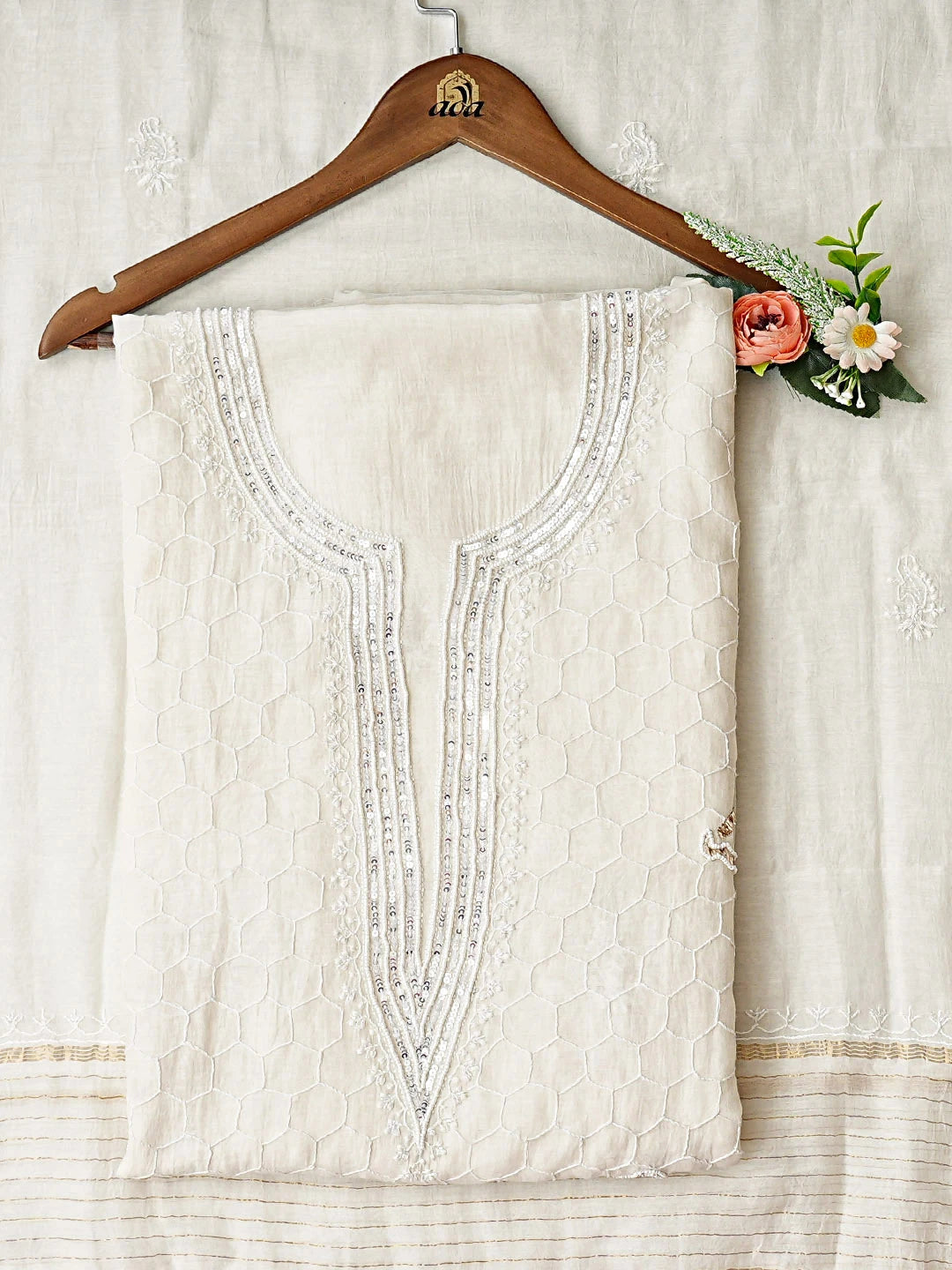 Ada Hand Embroidered White Chanderi Lucknowi Chikankari Unstitched Kurta Dupatta Set With Muqaish 01A826565