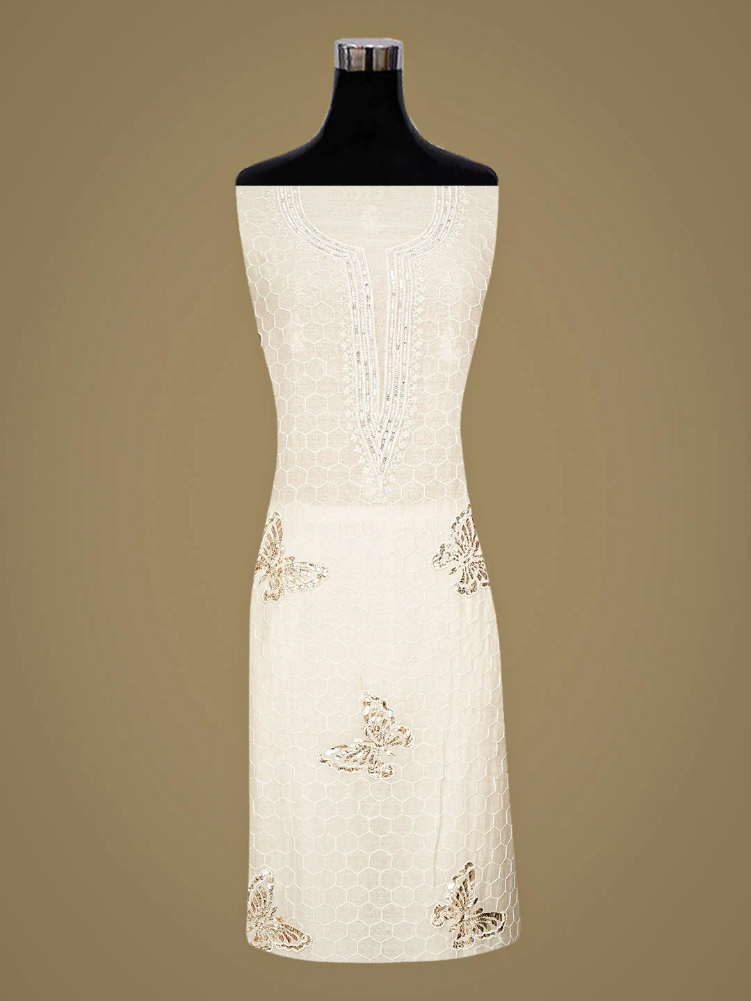 Ada Hand Embroidered White Chanderi Lucknowi Chikankari Unstitched Kurta Dupatta Set With Muqaish 01A826565