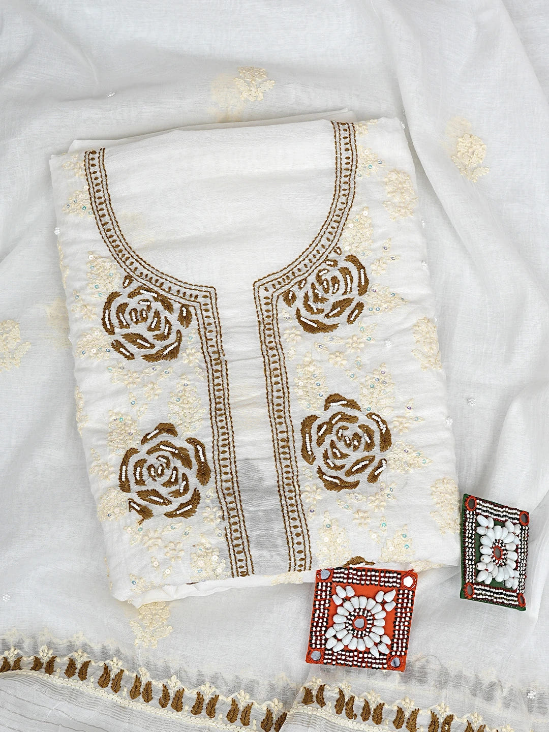 Ada Hand Embroidered White Cornsilk Chanderi Lucknowi Chikankari Unstitched Kurta Dupatta Set With Sequinned Work 01A897575