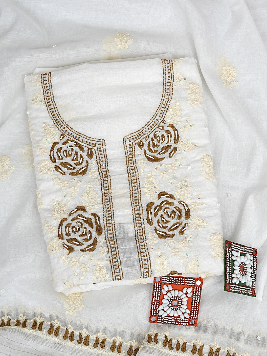 Ada Hand Embroidered White Cornsilk Chanderi Lucknowi Chikankari Unstitched Kurta Dupatta Set With Sequinned Work 01A897575