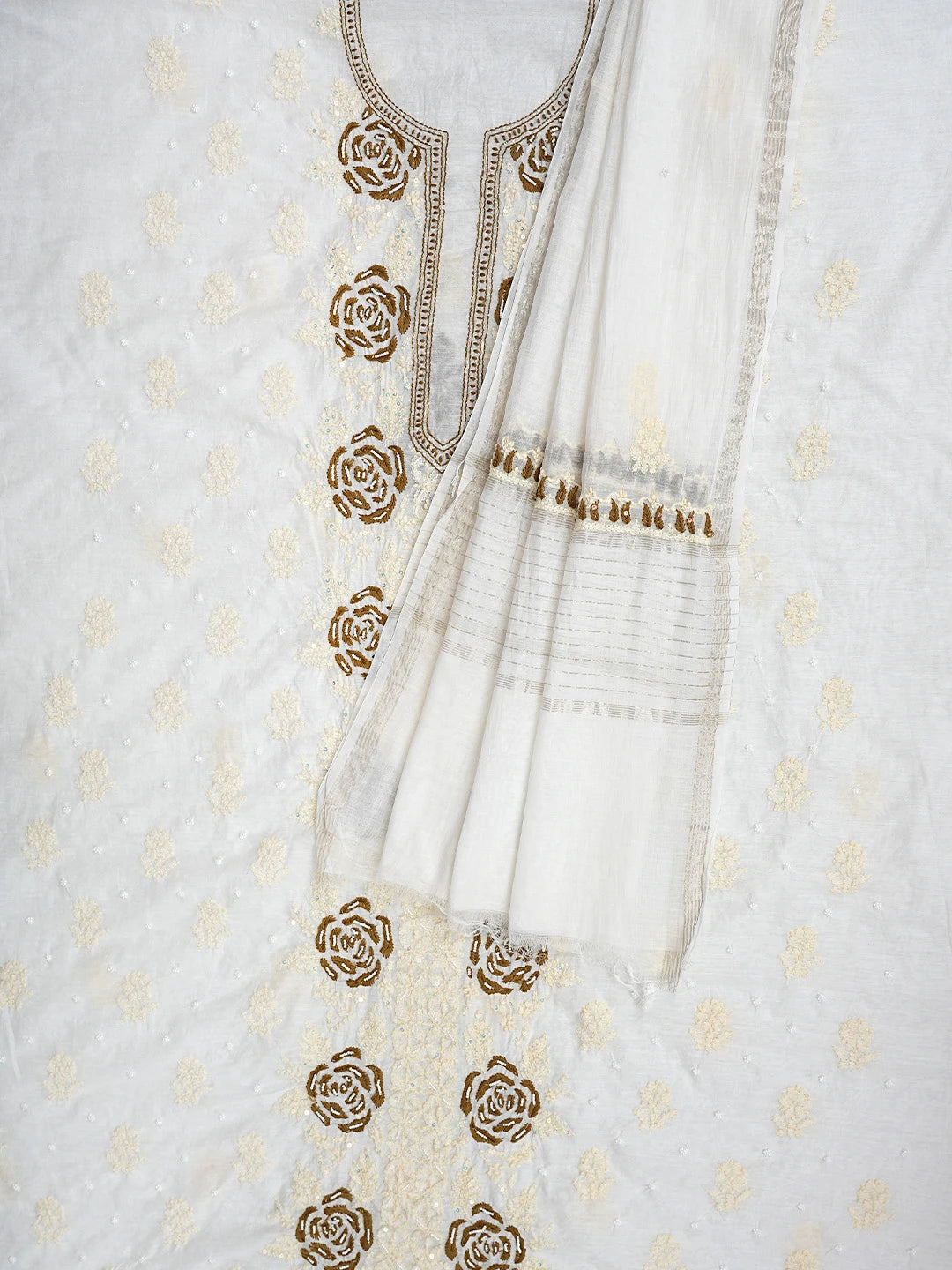 Ada Hand Embroidered White Cornsilk Chanderi Lucknowi Chikankari Unstitched Kurta Dupatta Set With Sequinned Work 01A897575