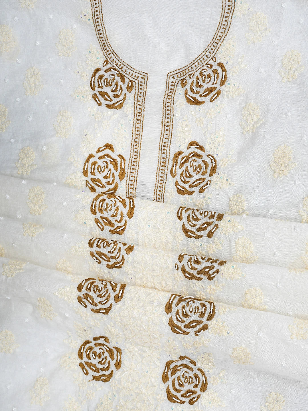 Ada Hand Embroidered White Cornsilk Chanderi Lucknowi Chikankari Unstitched Kurta Dupatta Set With Sequinned Work 01A897575