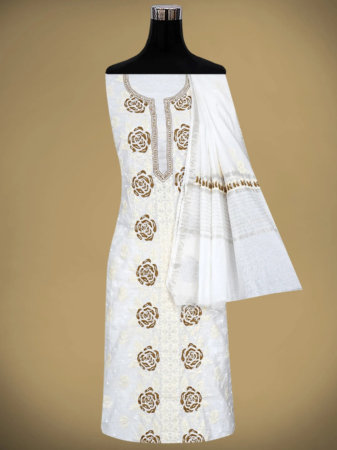 Ada Hand Embroidered White Cornsilk Chanderi Lucknowi Chikankari Unstitched Kurta Dupatta Set With Sequinned Work 01A897575