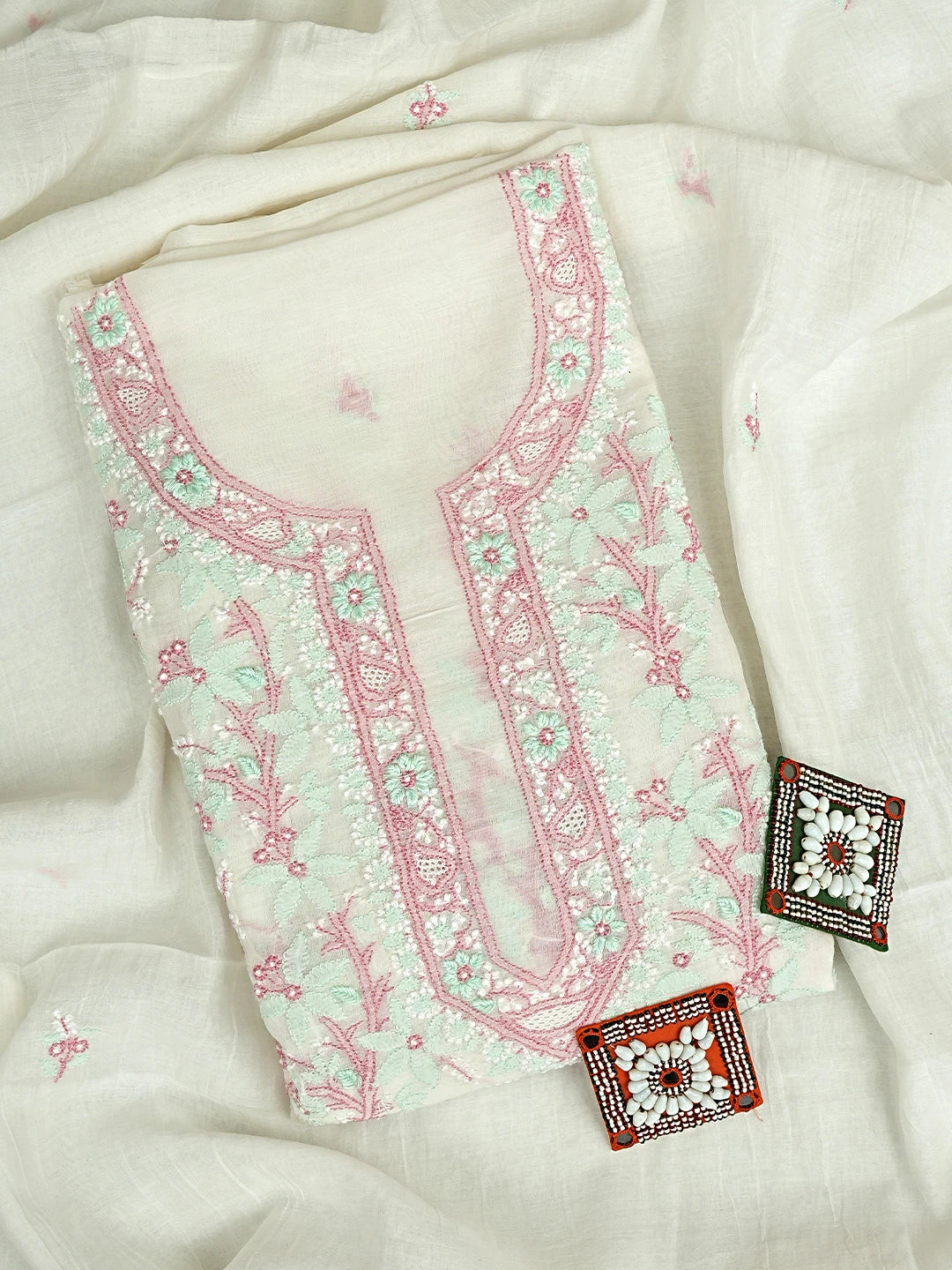 Ada Hand Embroidered White Cornsilk Chanderi Lucknowi Chikankari Unstitched Kurta Dupatta Set 01A903875