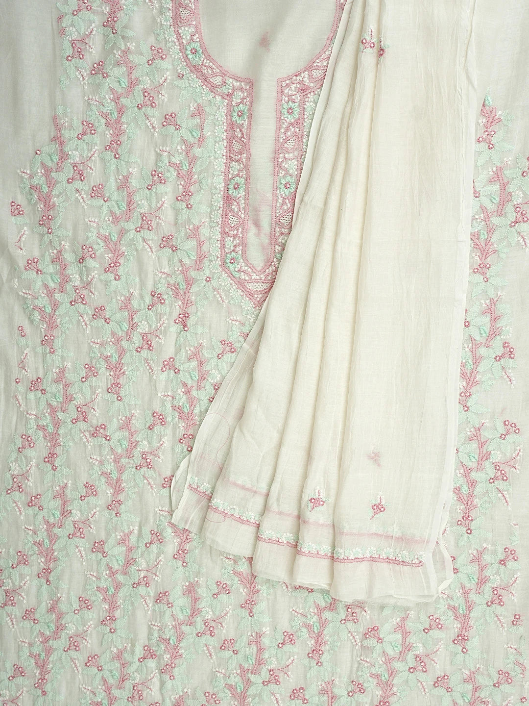 Ada Hand Embroidered White Cornsilk Chanderi Lucknowi Chikankari Unstitched Kurta Dupatta Set 01A903875