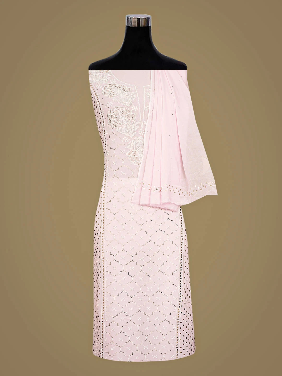 Ada Hand Embroidered Pink Viscose Georgette Lucknowi Chikankari Unstitched Kurta Dupatta Set With Muqaish Work 01A911278