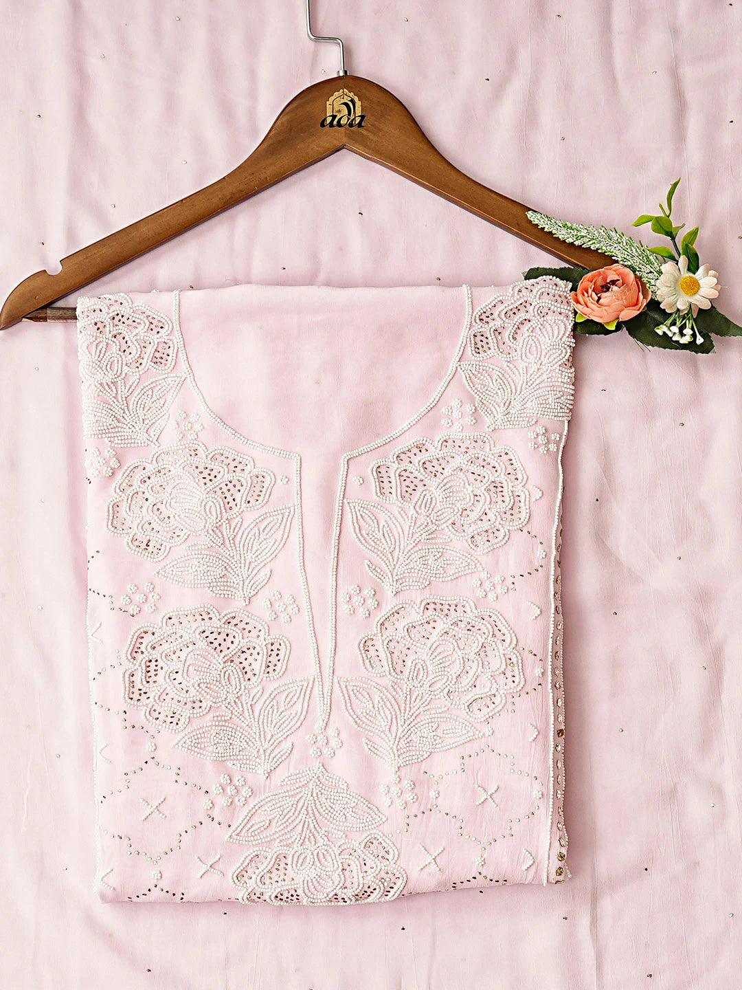 Ada Hand Embroidered Pink Viscose Georgette Lucknowi Chikankari Unstitched Kurta Dupatta Set With Muqaish Work 01A911278