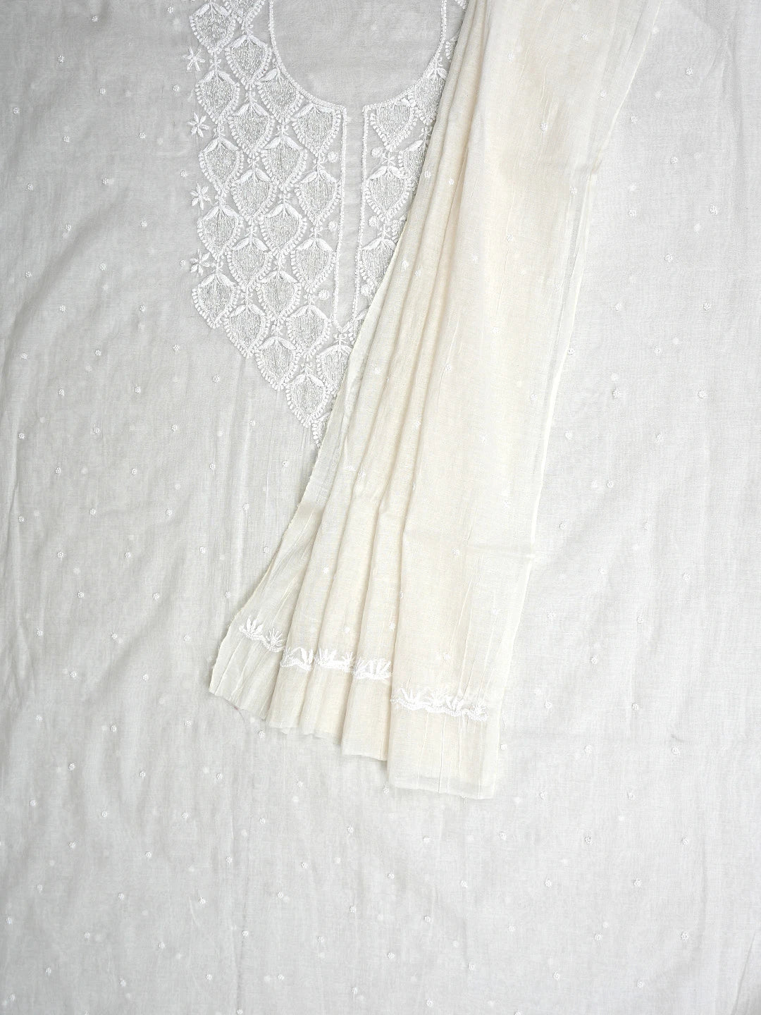 Ada Hand Embroidered White Chanderi Lucknowi Chikankari Unstitched Kurta Dupatta Set With Cutdana Work 01A911094