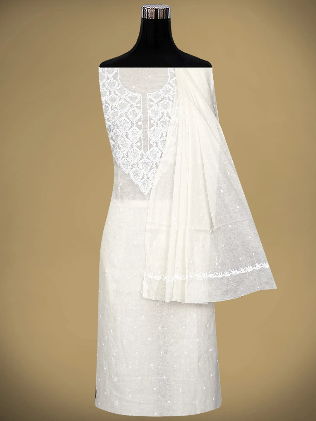 Ada Hand Embroidered White Chanderi Lucknowi Chikankari Unstitched Kurta Dupatta Set With Cutdana Work 01A911094