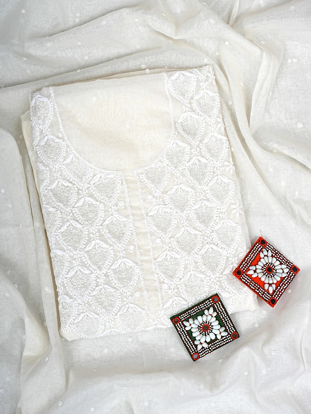 Ada Hand Embroidered White Chanderi Lucknowi Chikankari Unstitched Kurta Dupatta Set With Cutdana Work 01A911094