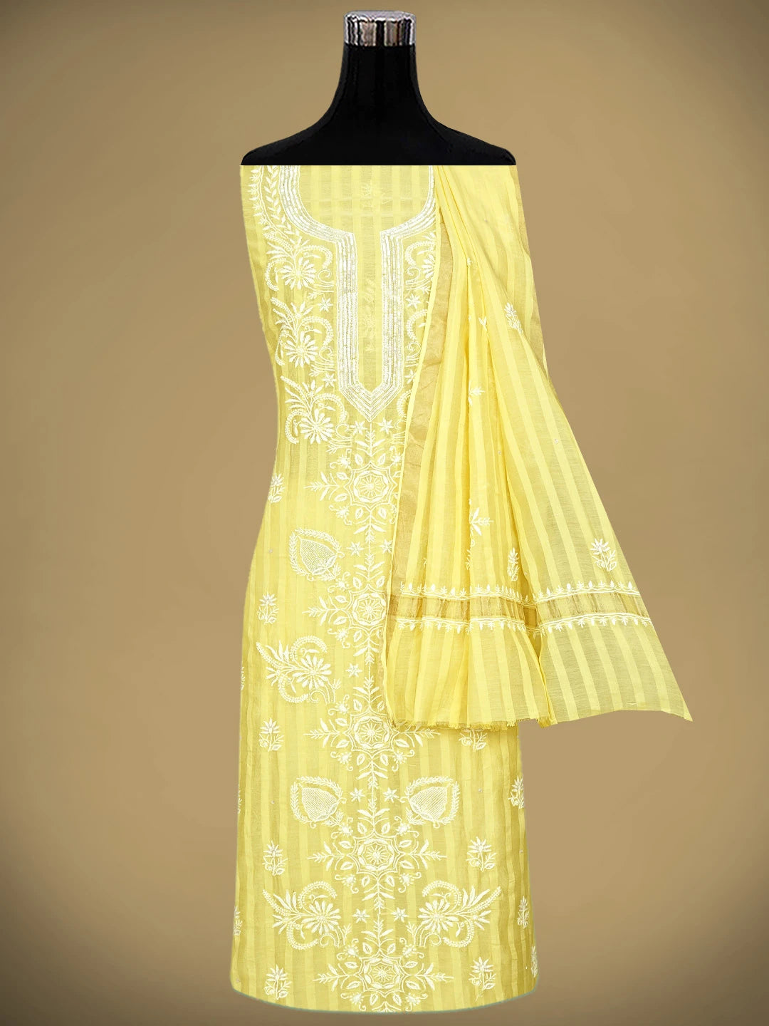Ada Hand Embroidered Lemon Chanderi Lucknowi Chikankari Unstitched Kurta Dupatta Set With sequinned Work 01A897581