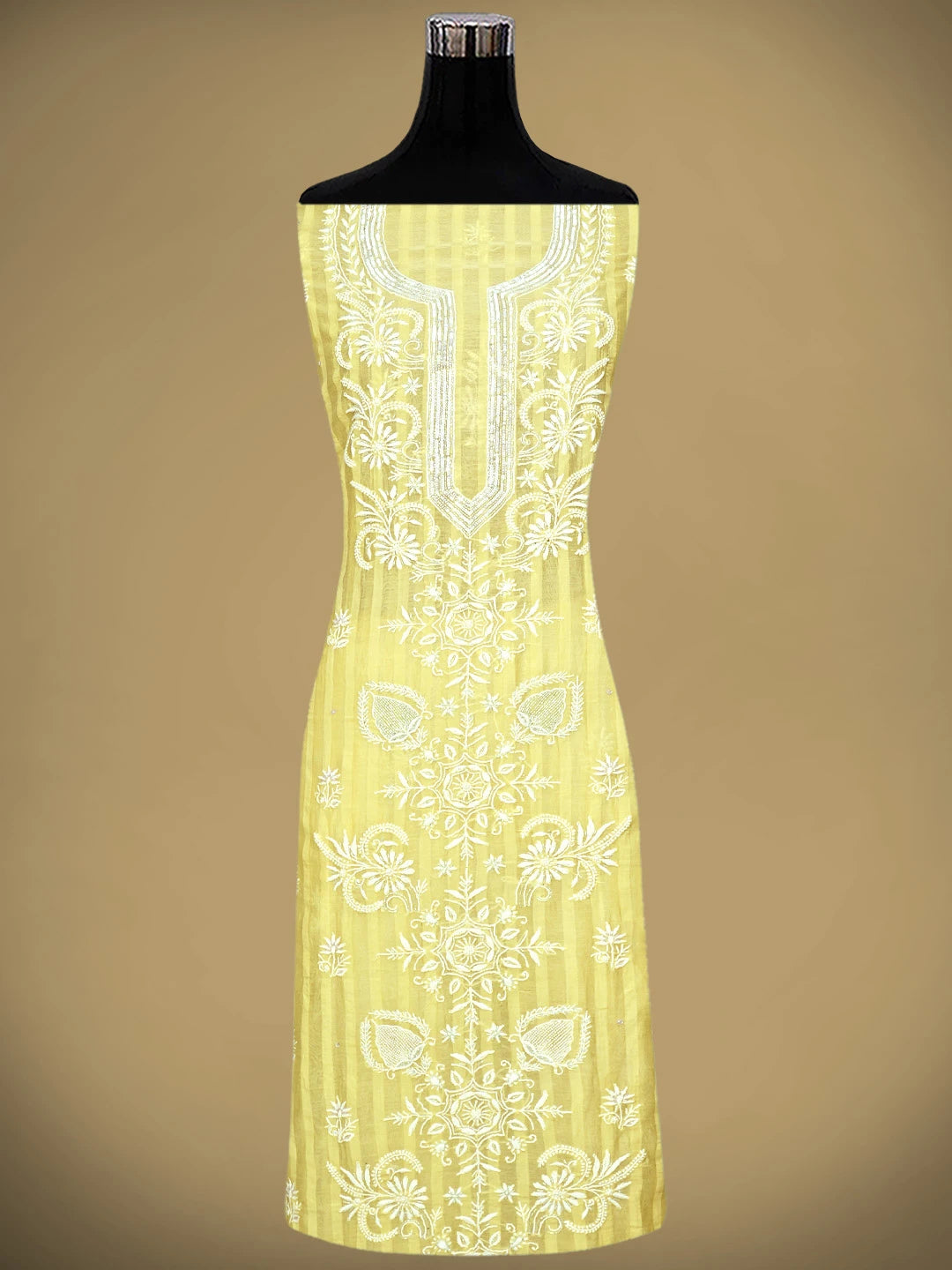 Ada Hand Embroidered Lemon Chanderi Lucknowi Chikankari Unstitched Kurta Dupatta Set With sequinned Work 01A897581
