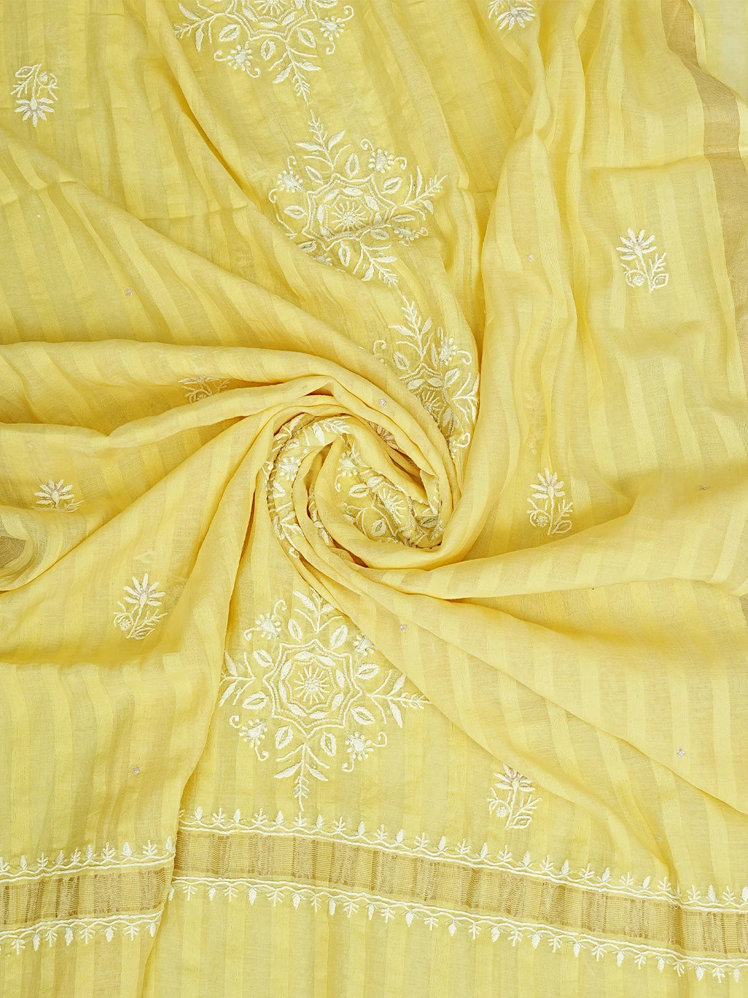 Ada Hand Embroidered Lemon Chanderi Lucknowi Chikankari Unstitched Kurta Dupatta Set With sequinned Work 01A897581