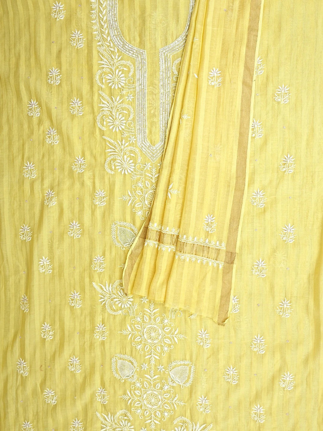 Ada Hand Embroidered Lemon Chanderi Lucknowi Chikankari Unstitched Kurta Dupatta Set With sequinned Work 01A897581
