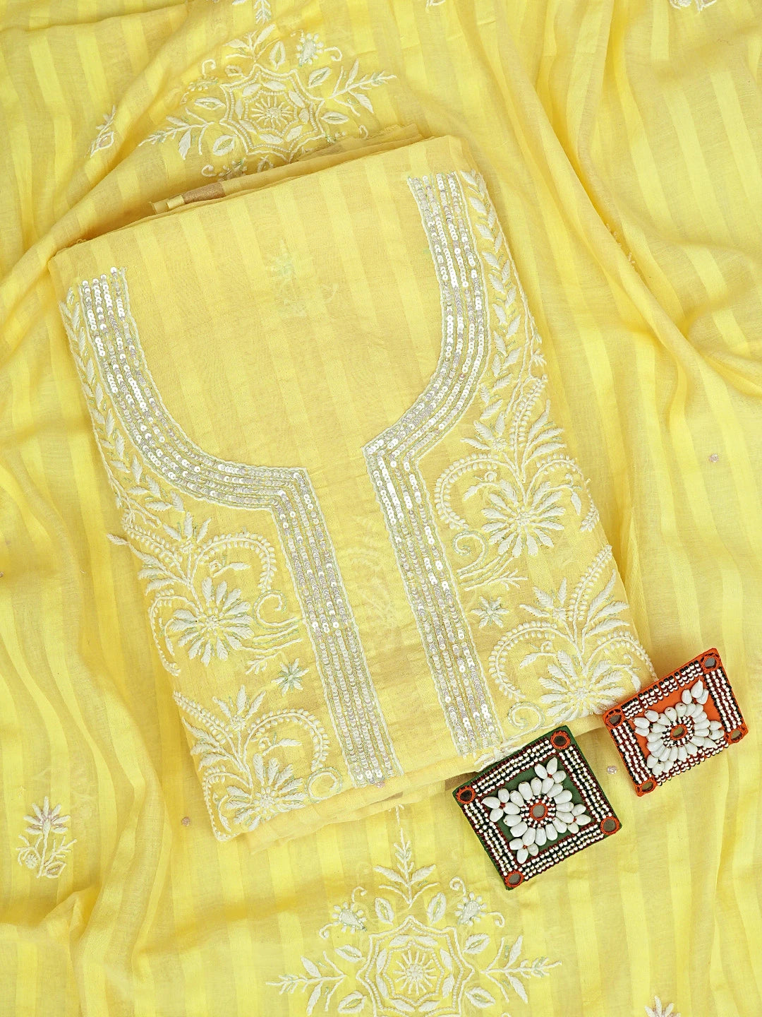 Ada Hand Embroidered Lemon Chanderi Lucknowi Chikankari Unstitched Kurta Dupatta Set With sequinned Work 01A897581