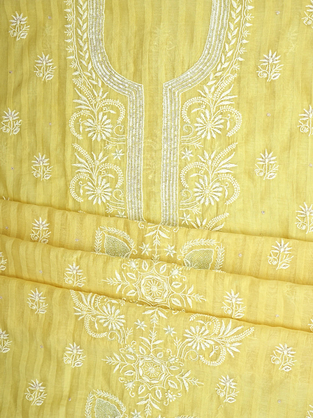 Ada Hand Embroidered Lemon Chanderi Lucknowi Chikankari Unstitched Kurta Dupatta Set With sequinned Work 01A897581