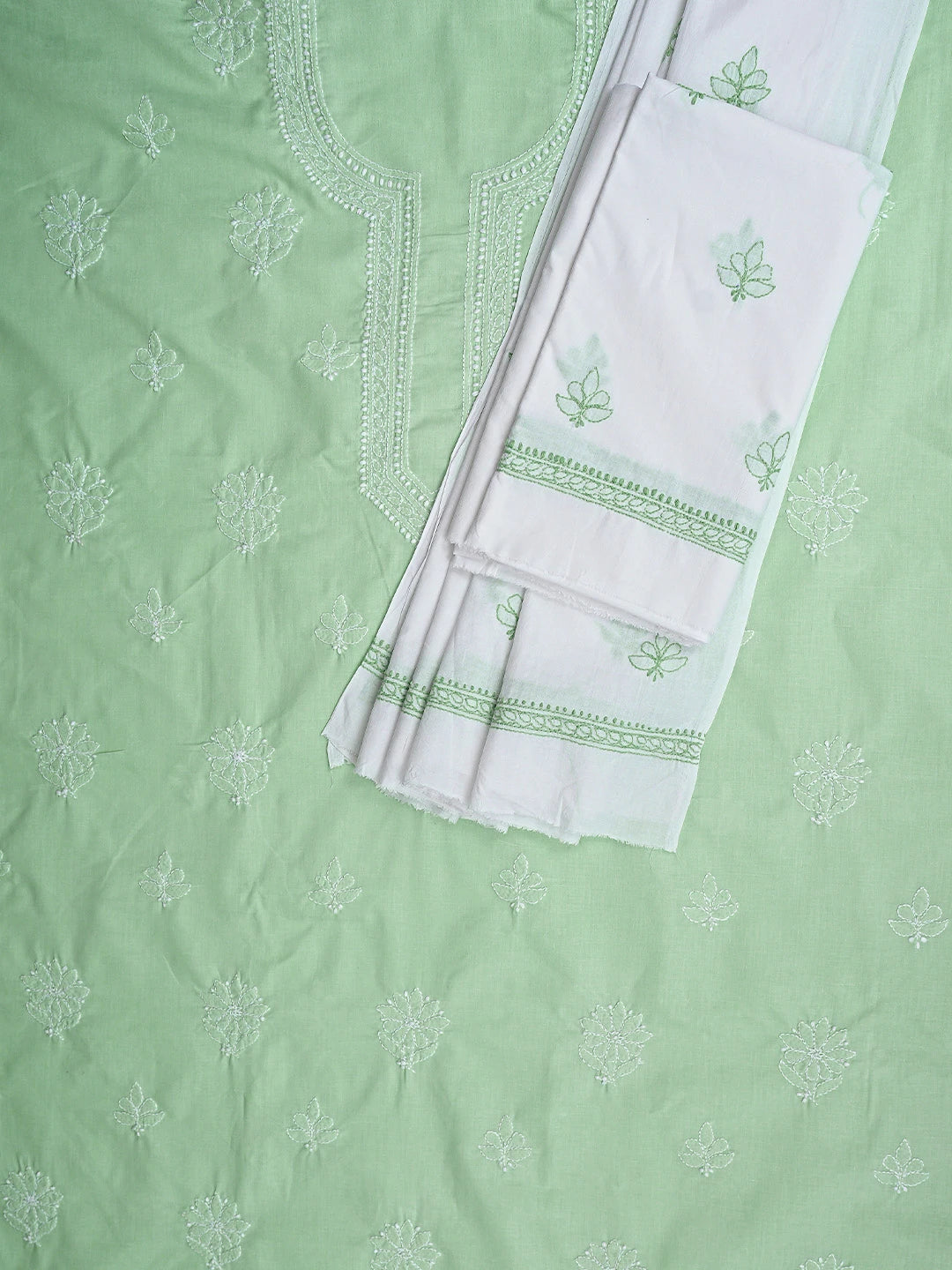 Ada Hand Embroidered Seafoam Green Cotton Lucknowi Chikankari Unstitched Suit Piece 01A914760