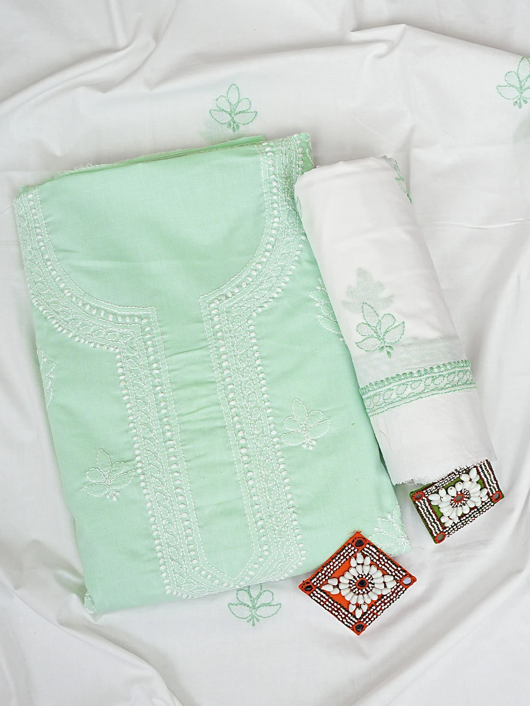 Ada Hand Embroidered Seafoam Green Cotton Lucknowi Chikankari Unstitched Suit Piece 01A914760