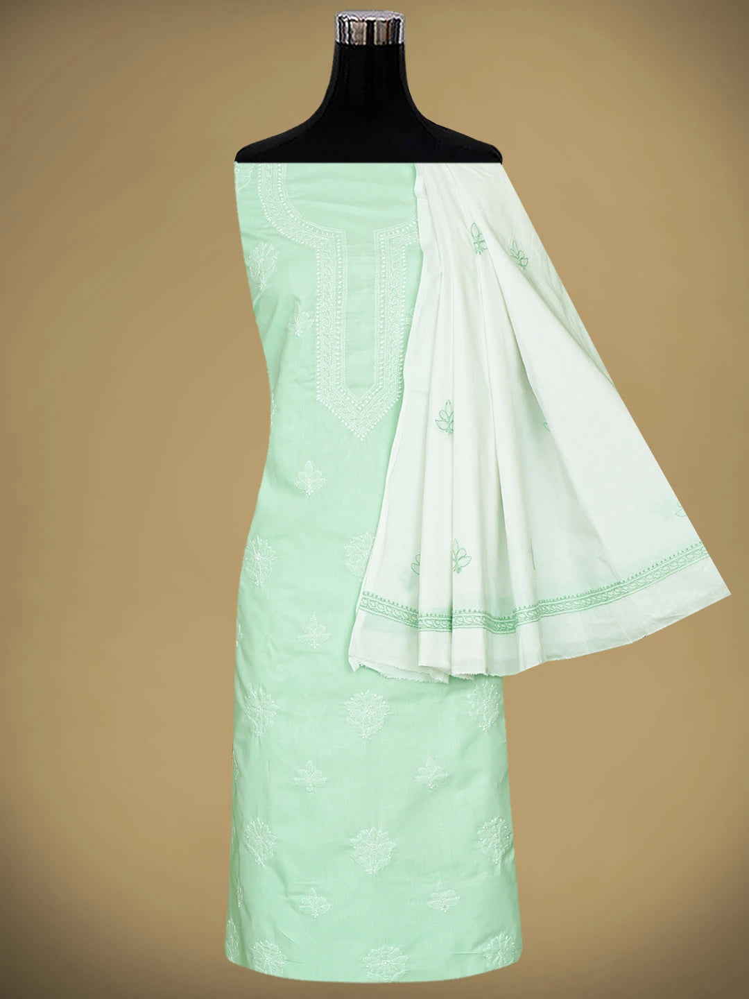 Ada Hand Embroidered Seafoam Green Cotton Lucknowi Chikankari Unstitched Suit Piece 01A914760