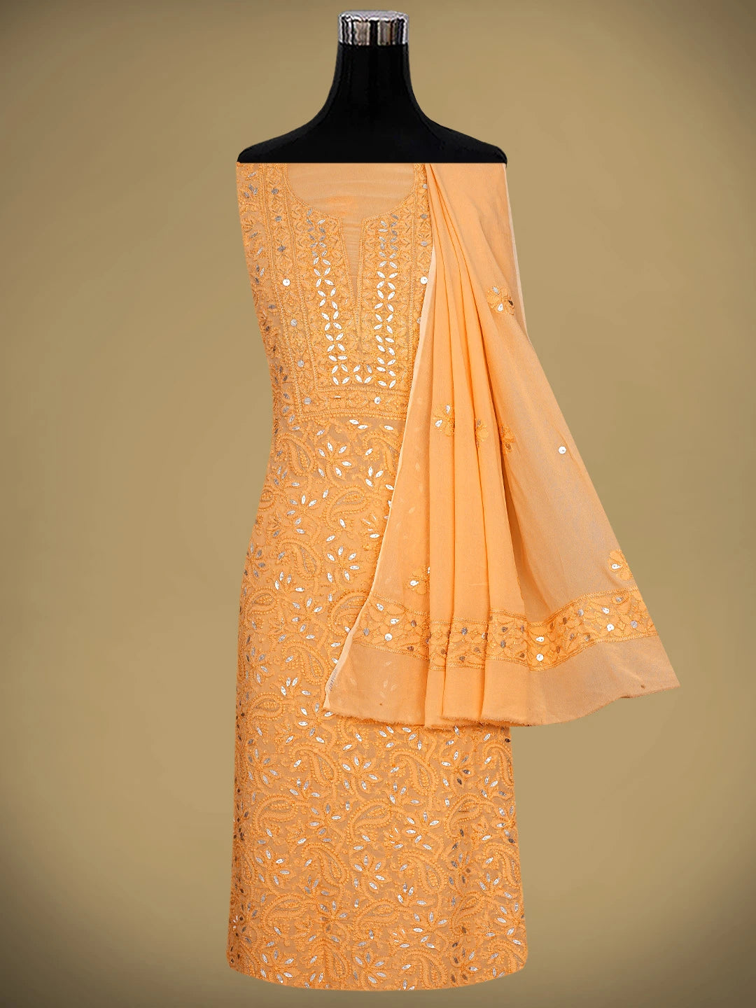 Ada Hand Embroidered Peach Viscose Georgette Lucknowi Chikankari Unstitched Kurta Dupatta Set With Gota Patti Work 01A893433