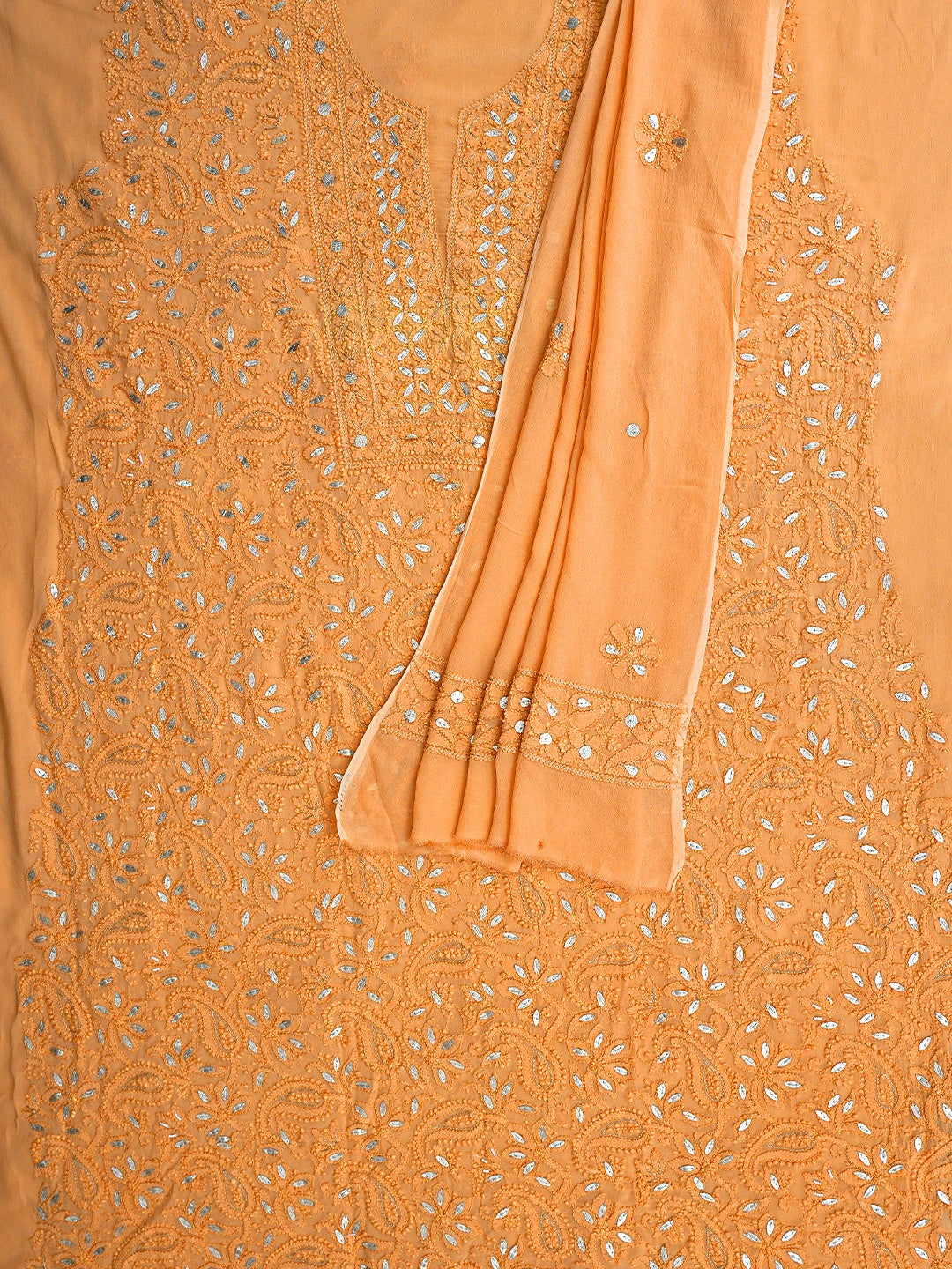 Ada Hand Embroidered Peach Viscose Georgette Lucknowi Chikankari Unstitched Kurta Dupatta Set With Gota Patti Work 01A893433