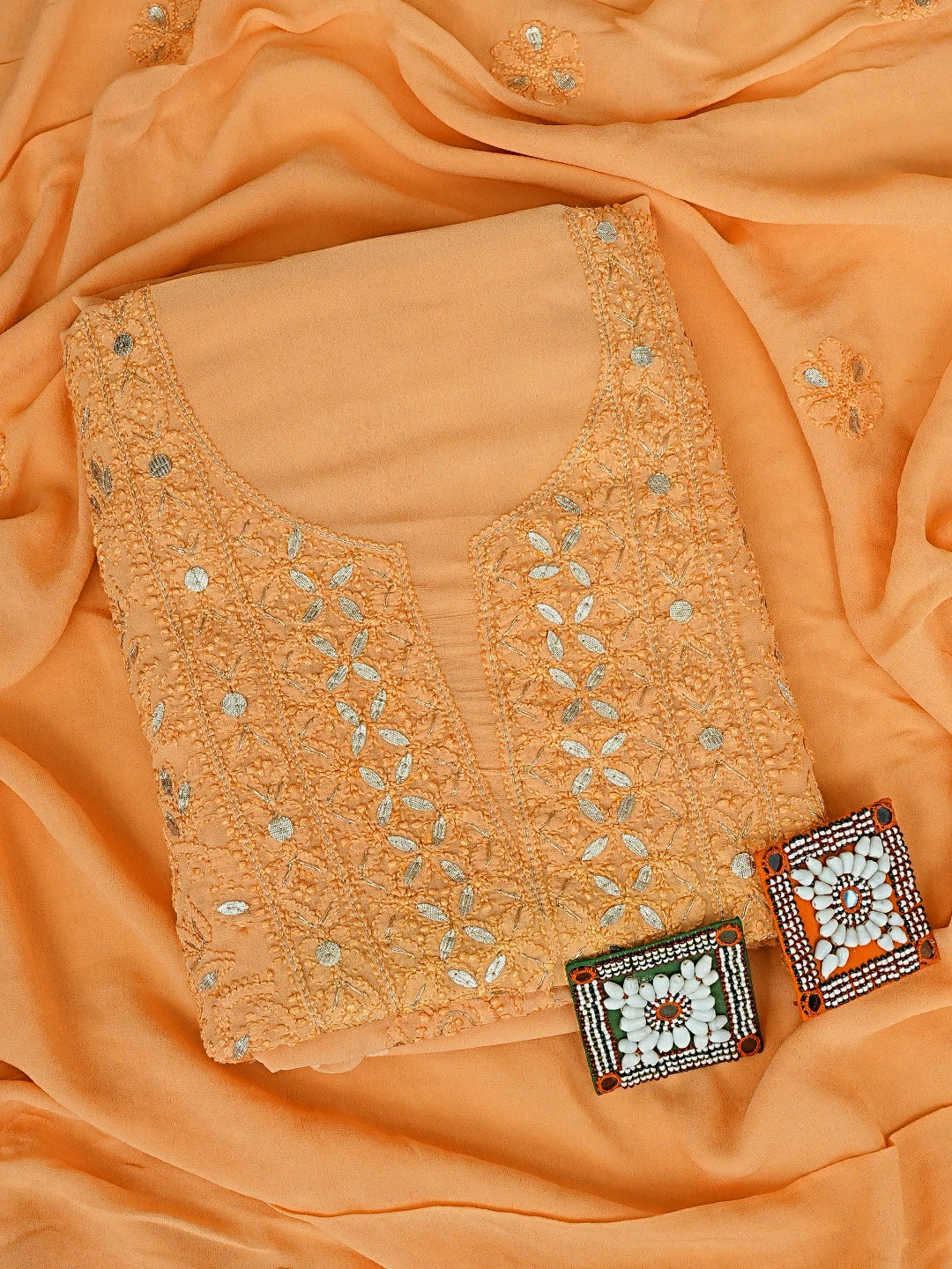 Ada Hand Embroidered Peach Viscose Georgette Lucknowi Chikankari Unstitched Kurta Dupatta Set With Gota Patti Work 01A893433