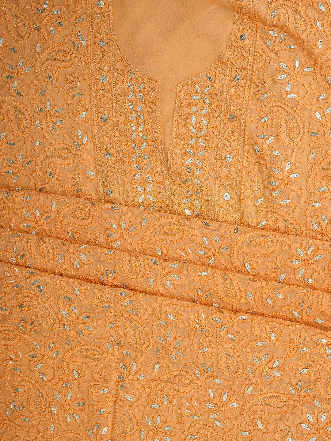 Ada Hand Embroidered Peach Viscose Georgette Lucknowi Chikankari Unstitched Kurta Dupatta Set With Gota Patti Work 01A893433
