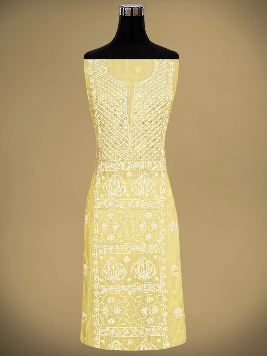 Ada Hand Embroidered Yellow Chanderi Lucknowi Chikankari Unstitched Kurta Dupatta Set With Cutdana Work 01A897561